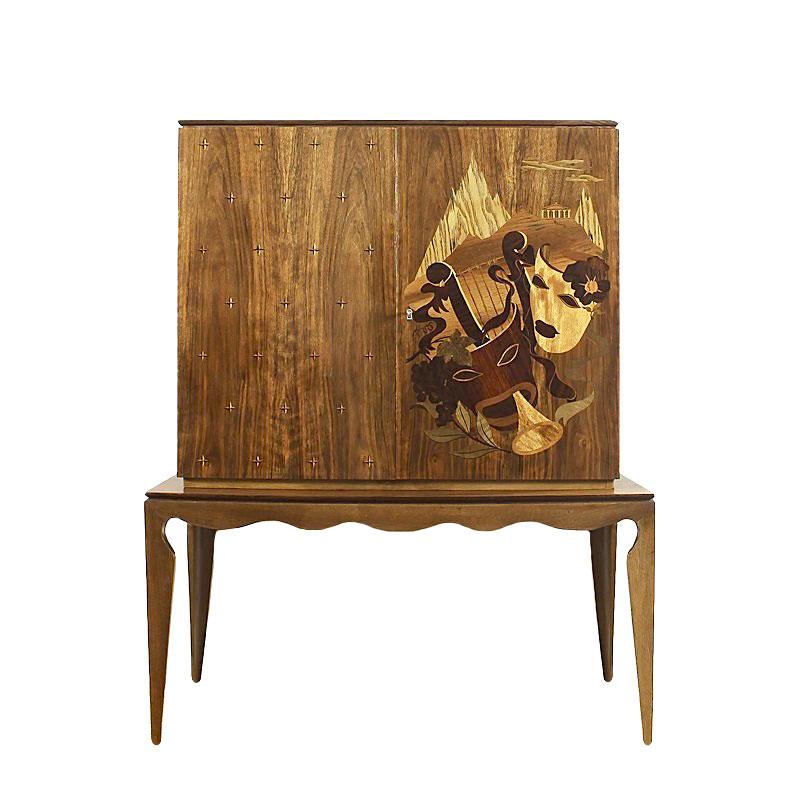 Spectacular small two blocks dry bar, solid walnut lower block and walnut veneer upper block with two doors, one with mahogany and lemon tree wood stars marquetry, the other door with an allegorical scene (carnival, music, grapes...) in ebony,
