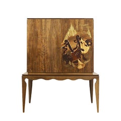 1940´s Small Two Blocks Dry Bar, walnut, allegorical scene marquetry - Italy