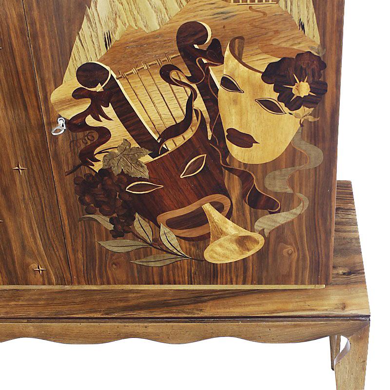 1940´s Small Two Blocks Dry Bar, walnut, allegorical scene marquetry - Italy In Good Condition In Girona, ES