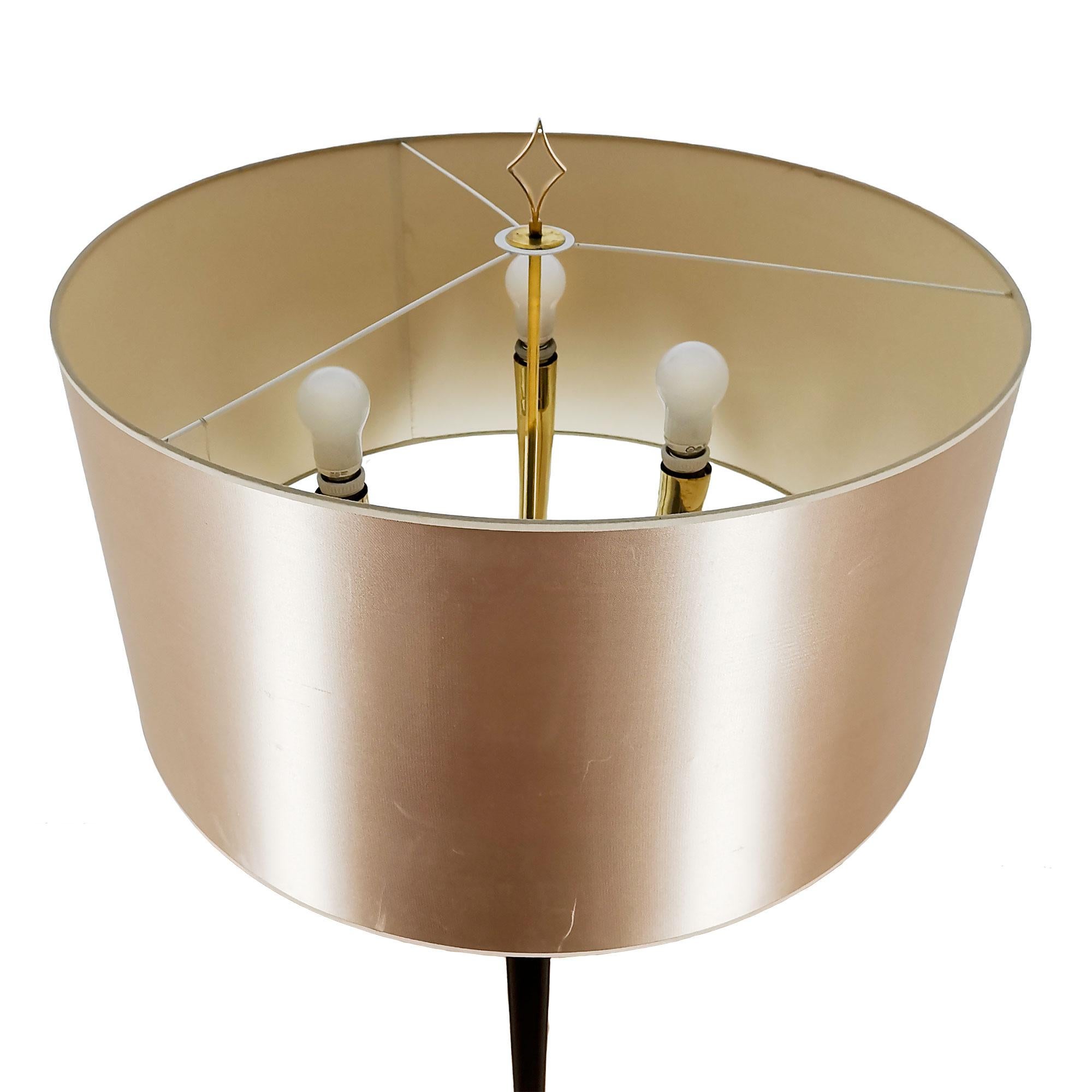 Brass Mid-Century Modern Standing Lamp, 3 Lightning Branches and Satin Lampshade-Italy For Sale