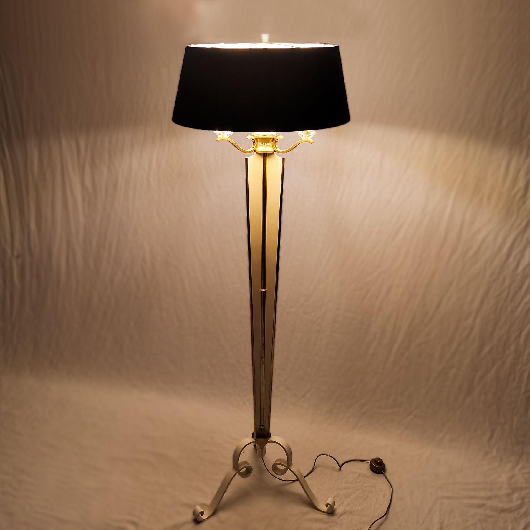 Mid-20th Century 1940s Standing Lamp, Wrought Iron, Steel, Bronze, Sèvres Glass, France