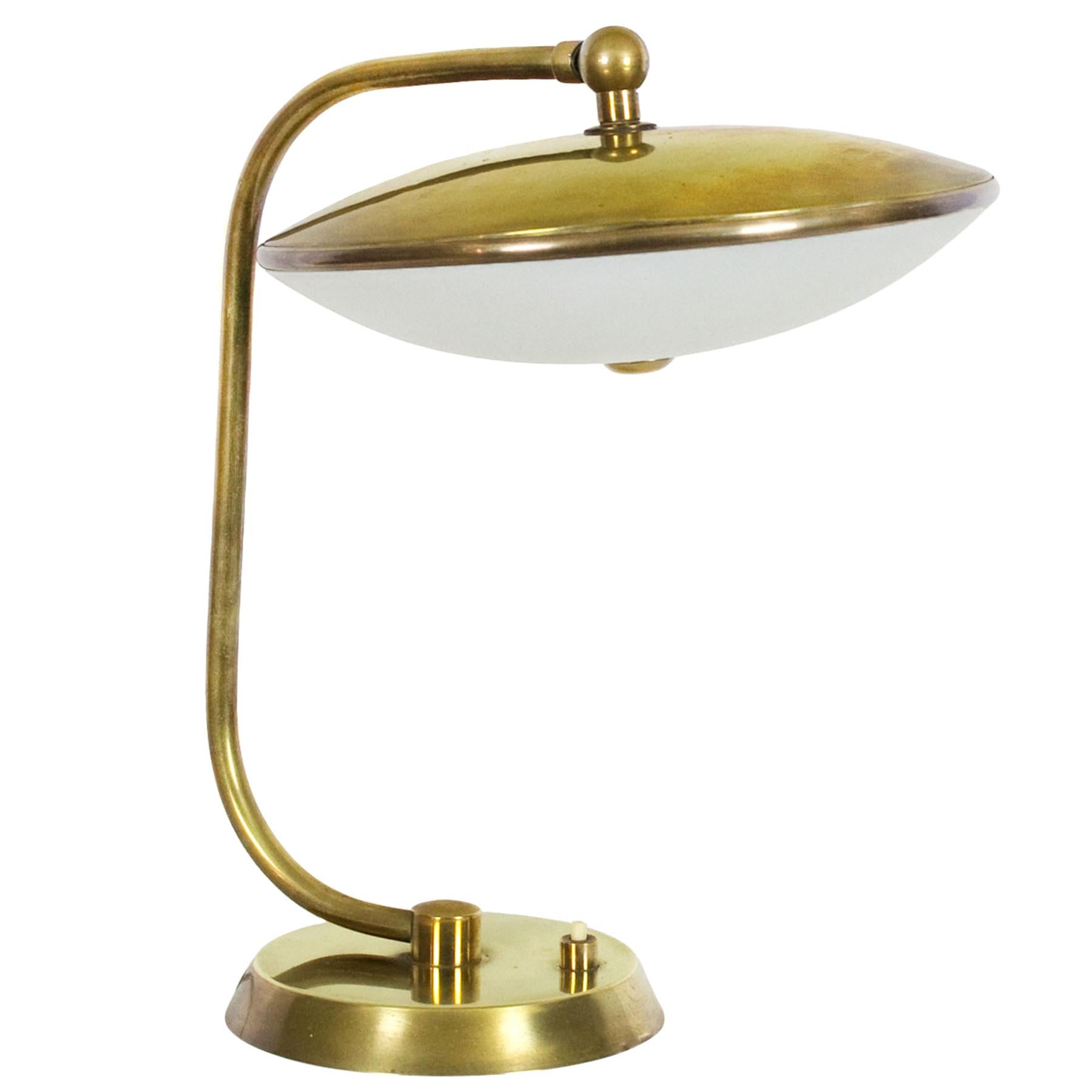 1940s System Table Lamp, Polished Brass, Frosted Glass, Italy