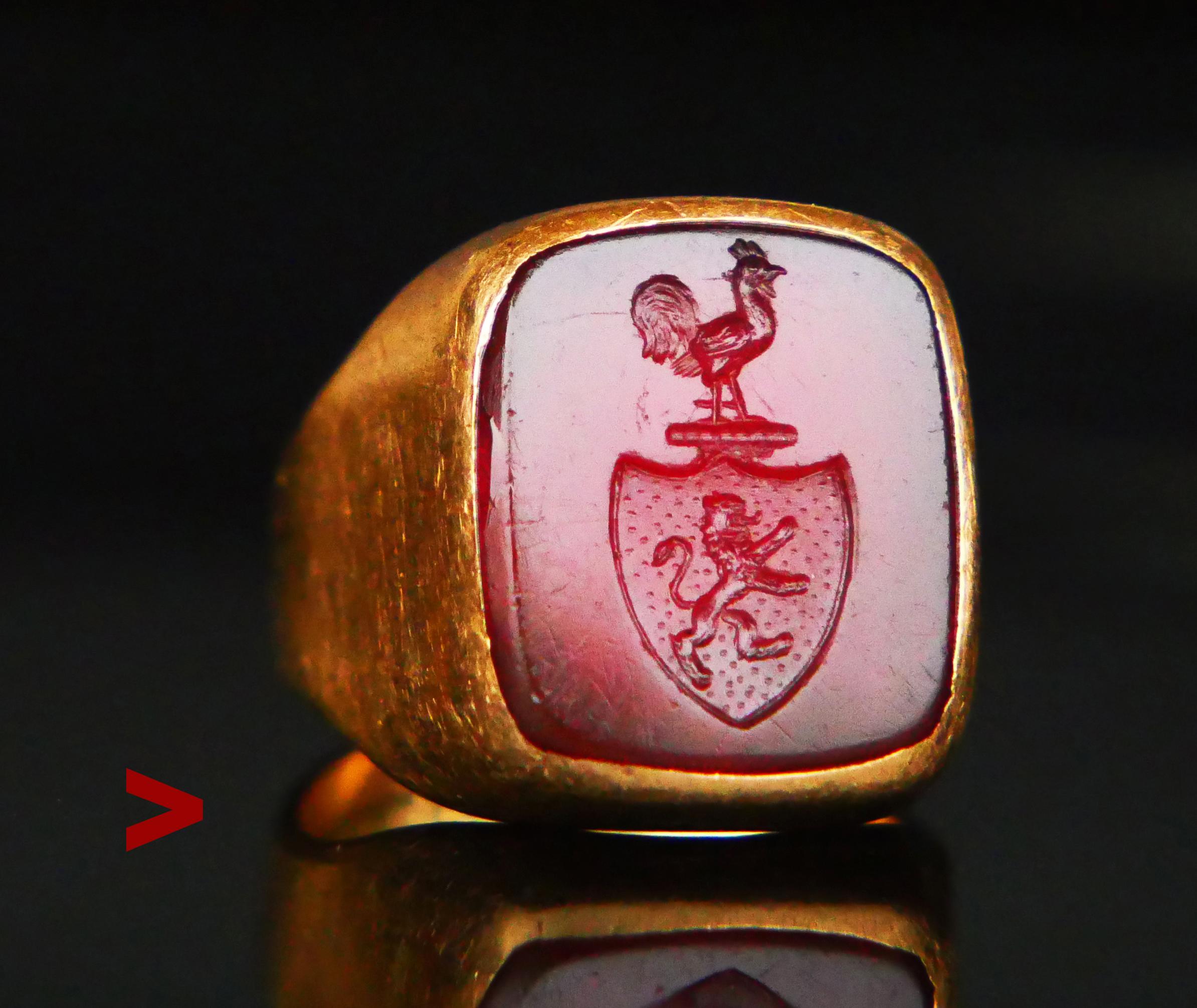 Nobility Intaglio Signet Ring for Men or Women  with Coats of Arms  hand - engraved into the deep of hard Red Onyx Stone. I could not id the Name associated with this design. On the shield -  a Leopard Rampant with dotted background under Knight's