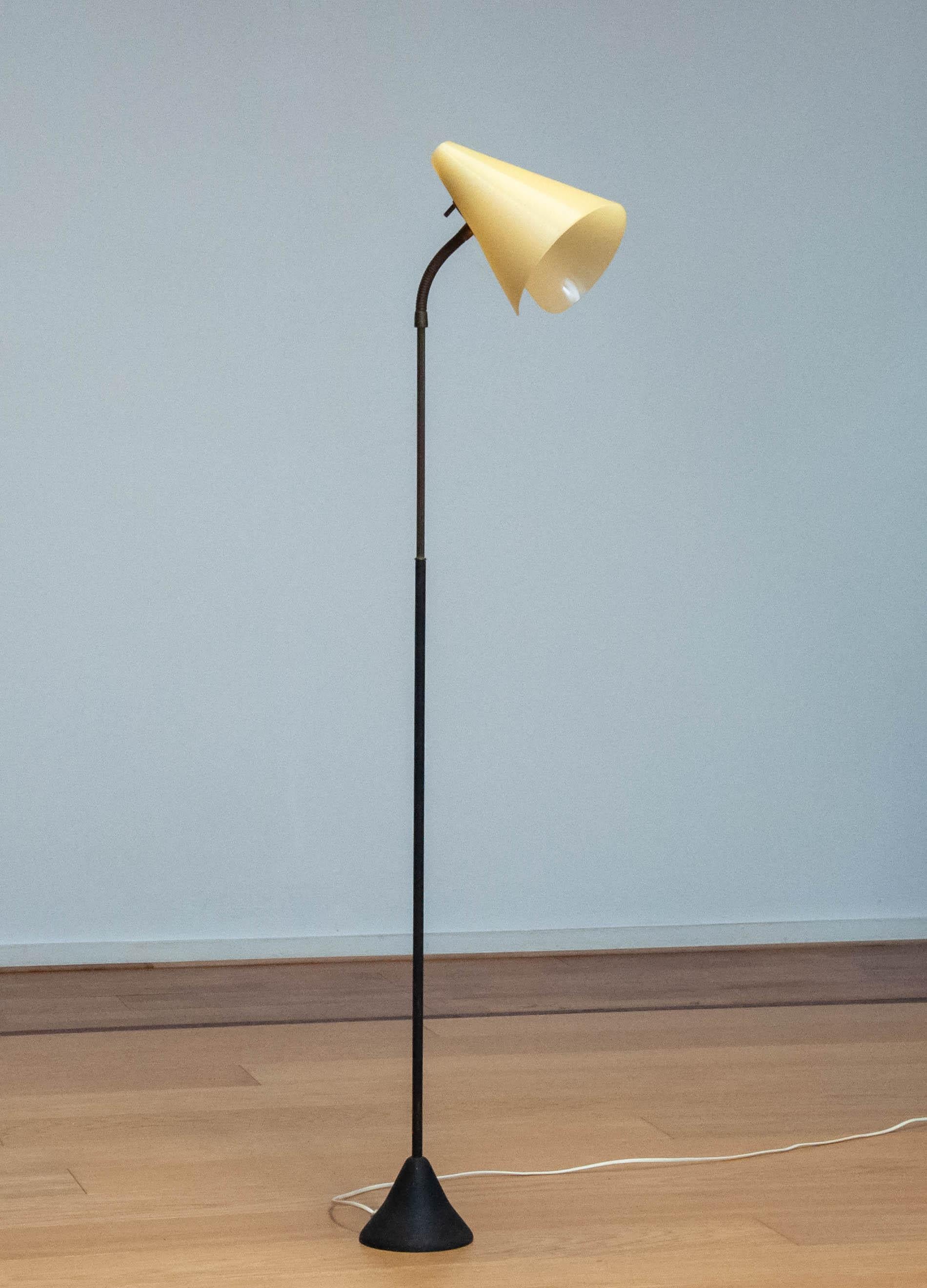 Metal 1940 Slim Brass / Acrylic And Black Lacquered Danish Floor Lamp By Nordisk Solar For Sale