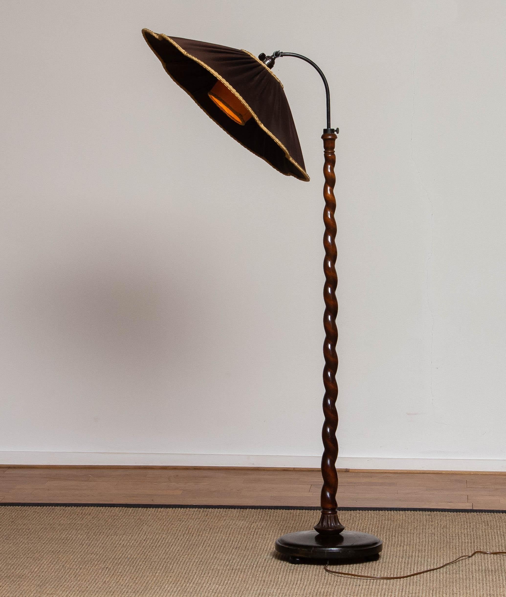 1940 Spiral Wood Organic Art Nouveau Floor Lamp with Brown Satin XL Shade 5