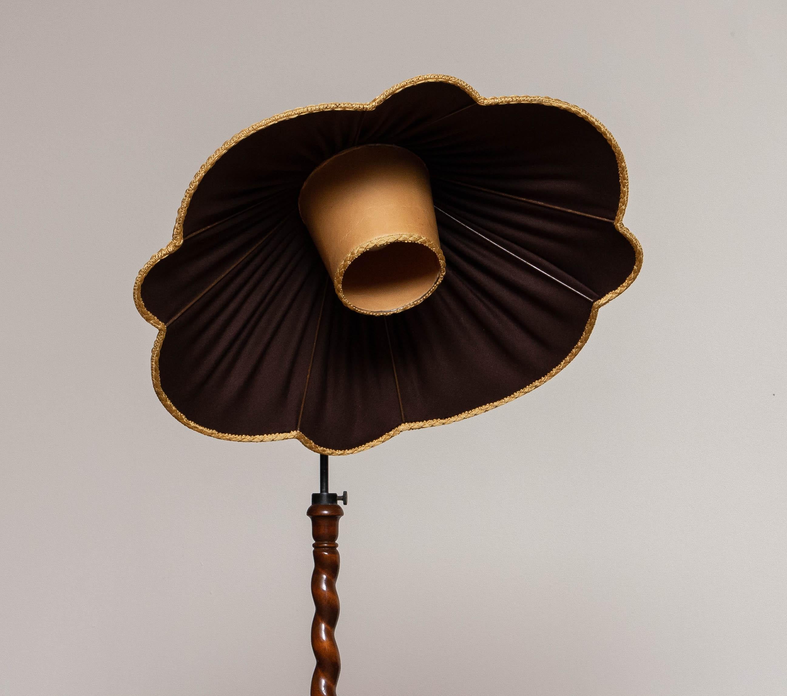 1940 Spiral Wood Organic Art Nouveau Floor Lamp with Brown Satin XL Shade 6