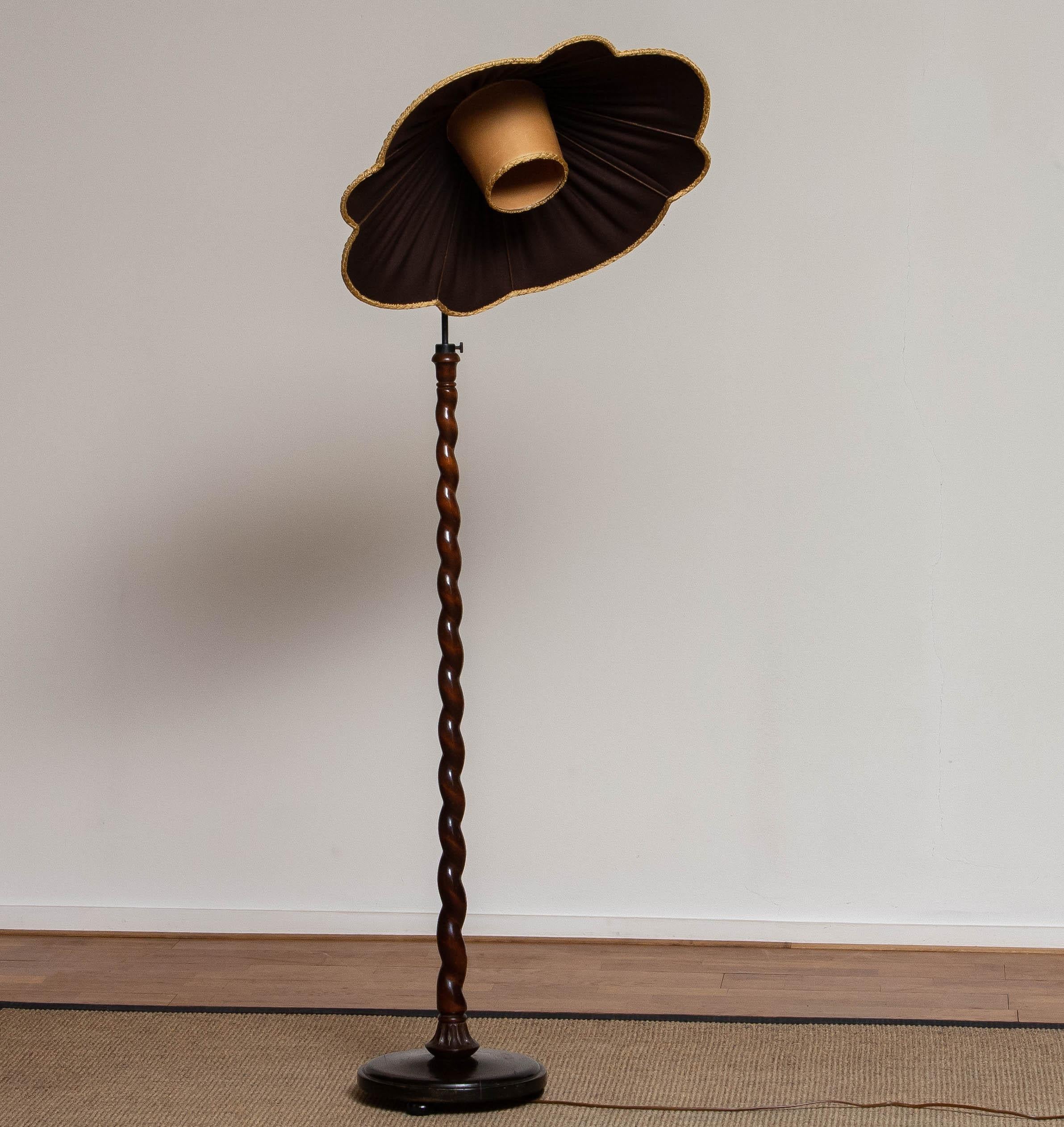 1940 Spiral Wood Organic Art Nouveau Floor Lamp with Brown Satin XL Shade 7
