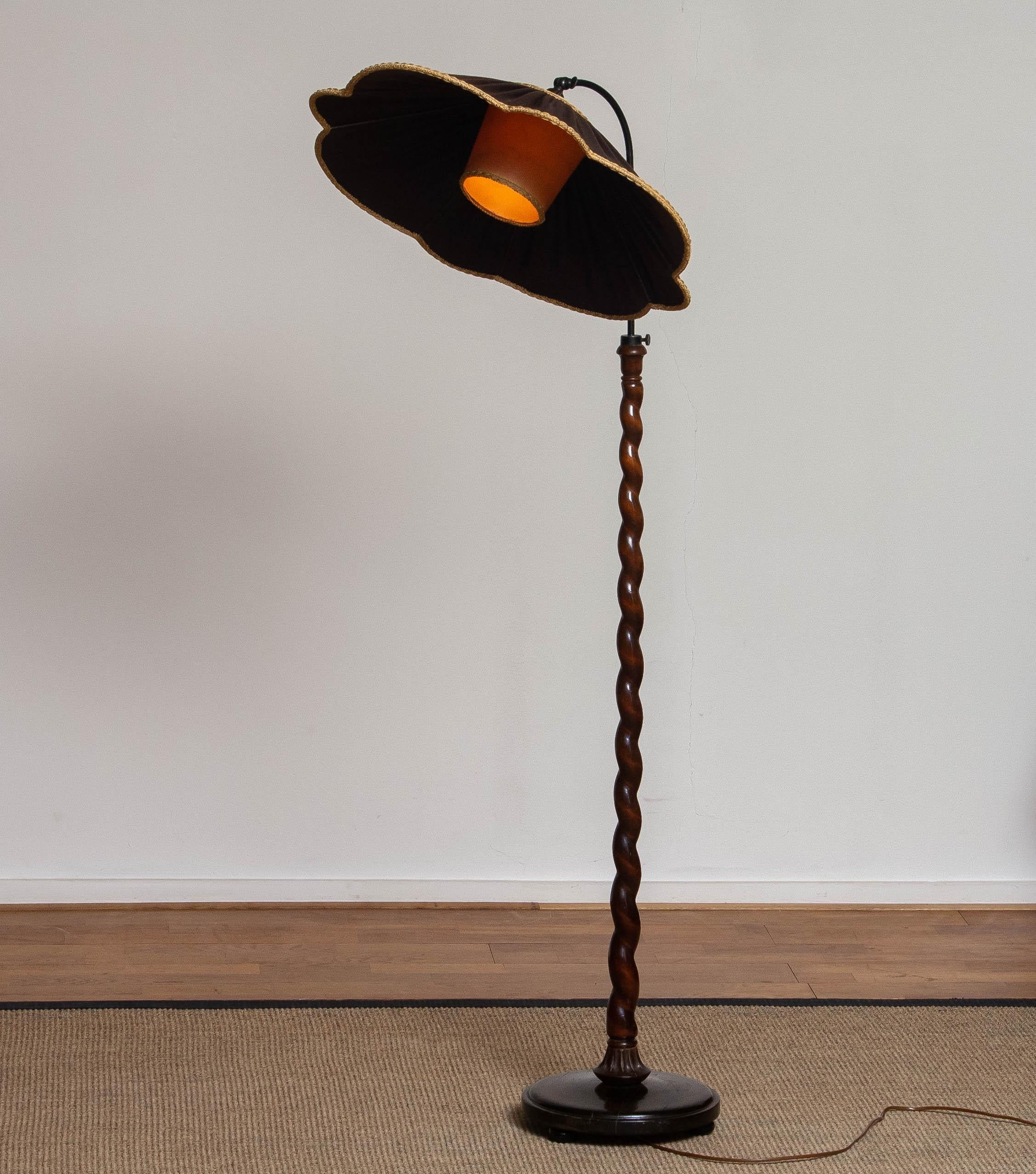 Swedish 1940 Spiral Wood Organic Art Nouveau Floor Lamp with Brown Satin XL Shade