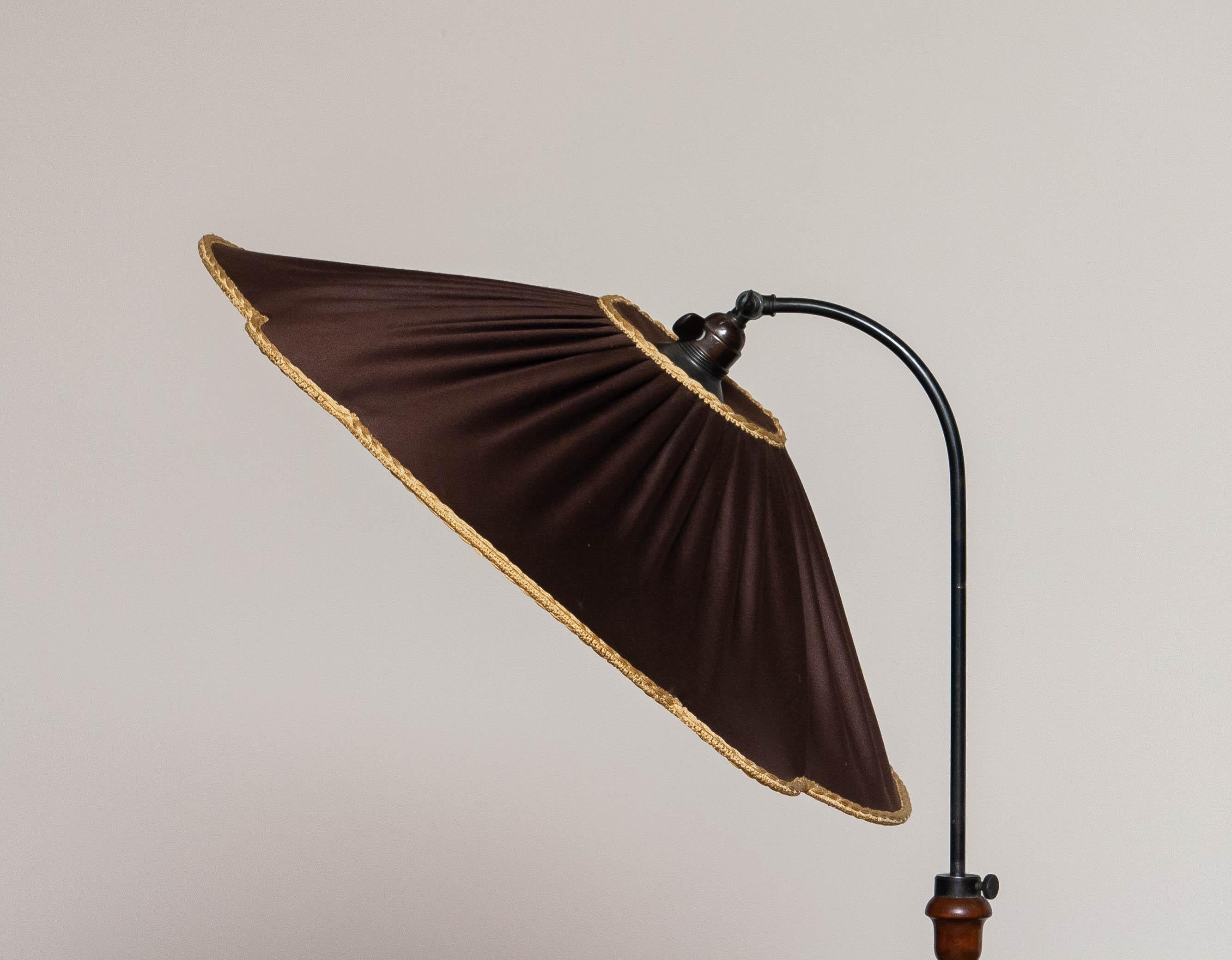 Brass 1940 Spiral Wood Organic Art Nouveau Floor Lamp with Brown Satin XL Shade