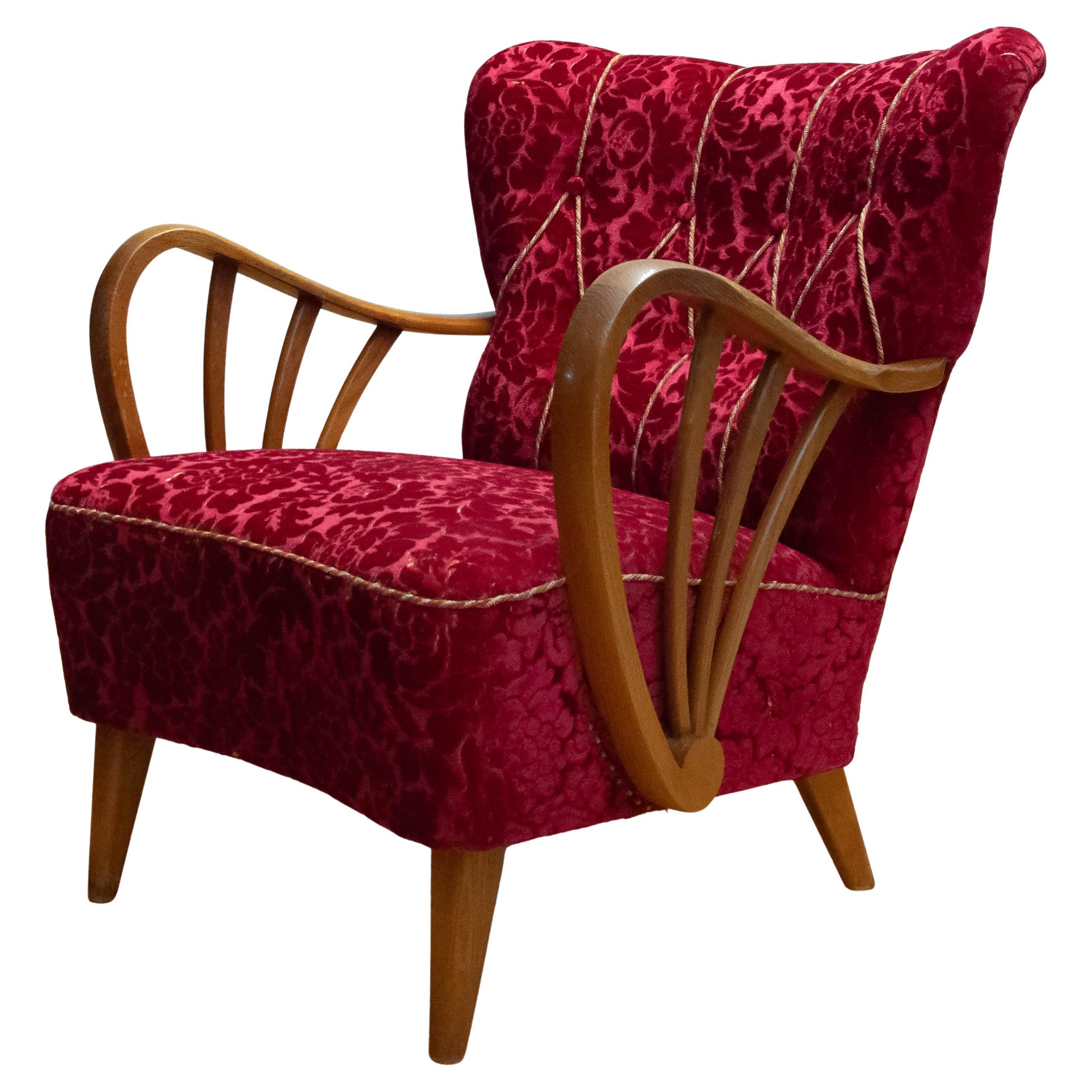 1940 Swedish Art Deco Armchairs With Oak Spoked Open Armrests By Sternells