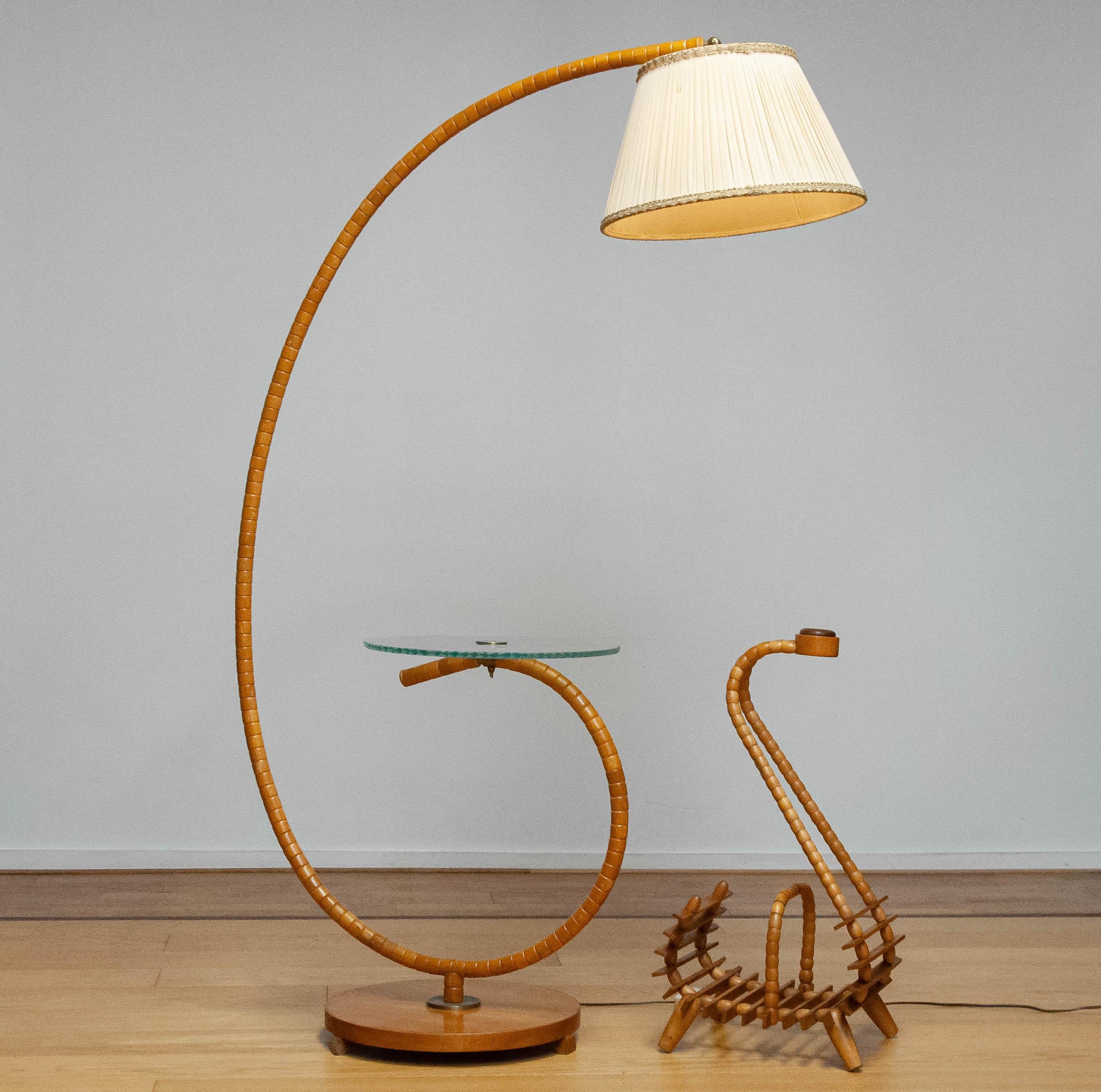 Mid-20th Century 1940 Swedish Art Nouveau Floor Lamp In Elm By IWO Mariestad  And Magazine rack For Sale