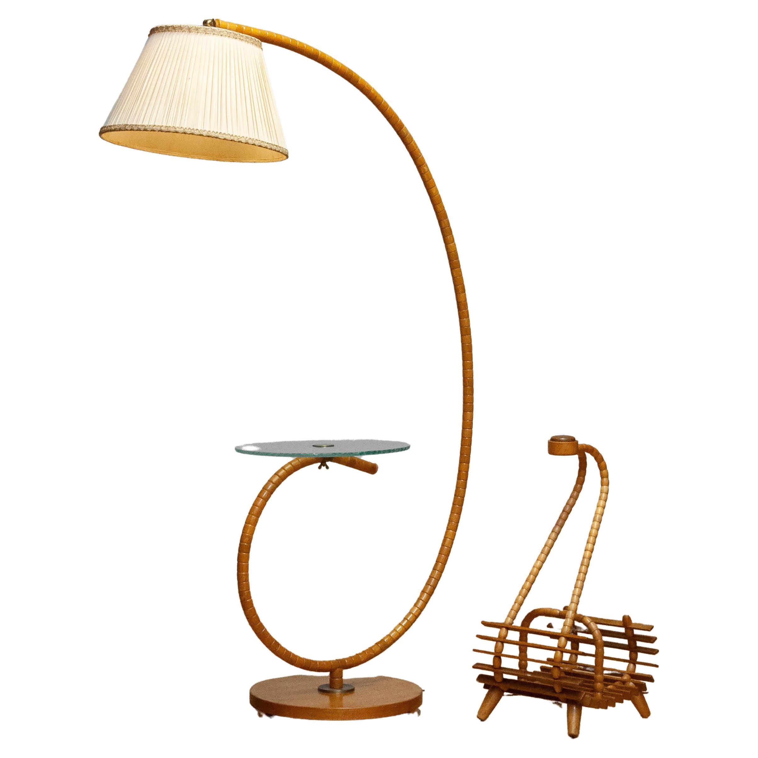 1940 Swedish Art Nouveau Floor Lamp In Elm By IWO Mariestad  And Magazine rack For Sale