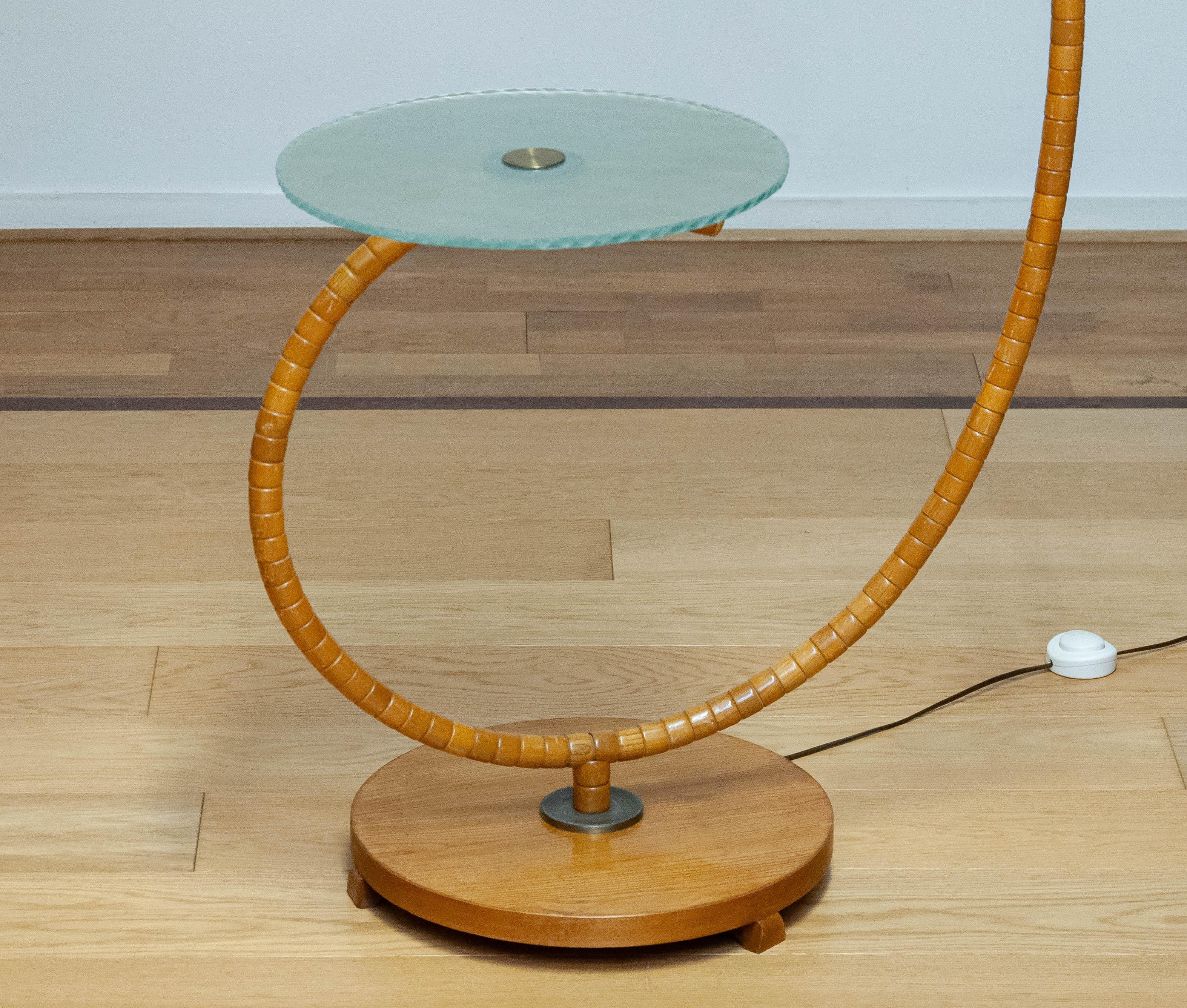 Brass 1940 Swedish Art Nouveau Floor Lamp In Elm With Art Glass Table By IWO Mariestad For Sale