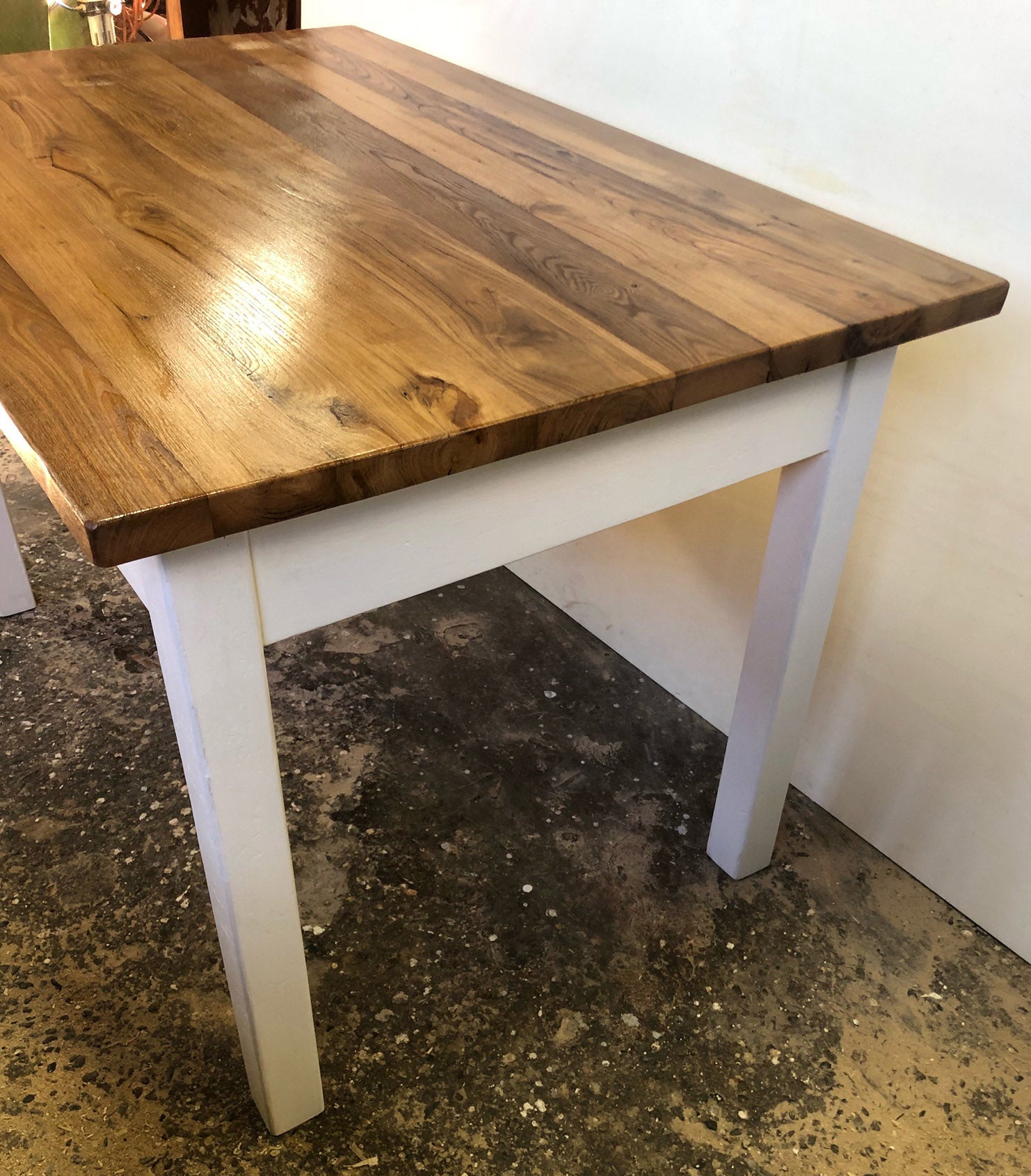 Table in solid chestnut and fir, two-tone, Italian, honey-colored top, very sturdy, with drawer. 
Sturdy and uncommon solid.
Shellac and wax finish. 
Legroom in height 64 cm.
Comes from an old country house in the Garfagnana (mountain near Lucca)