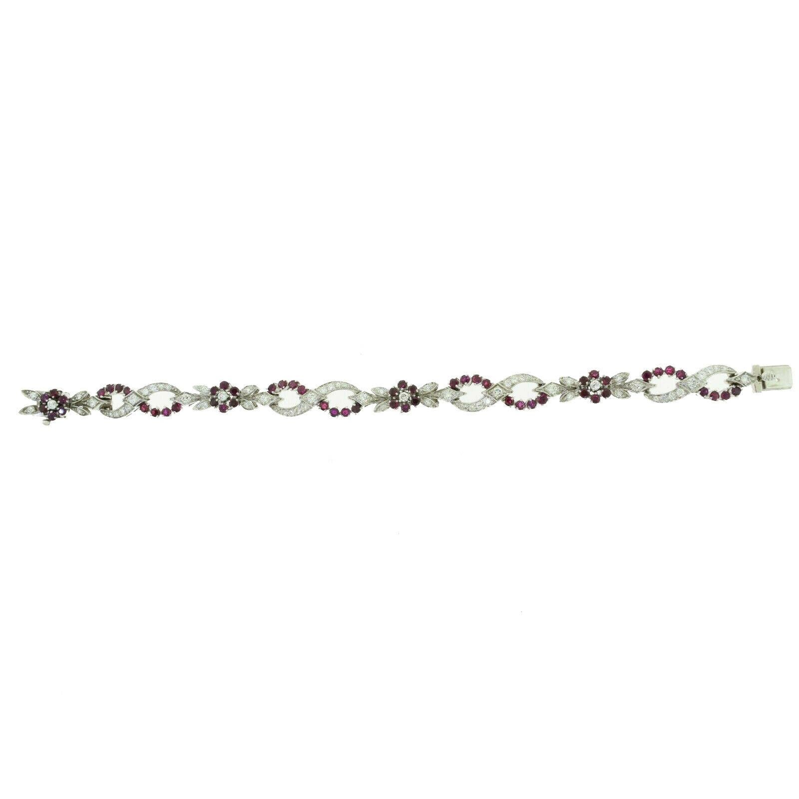 1940 Tiffany & Co. Diamond and Ruby Floral Bracelet in Platinum, Vintage In Good Condition In Miami, FL