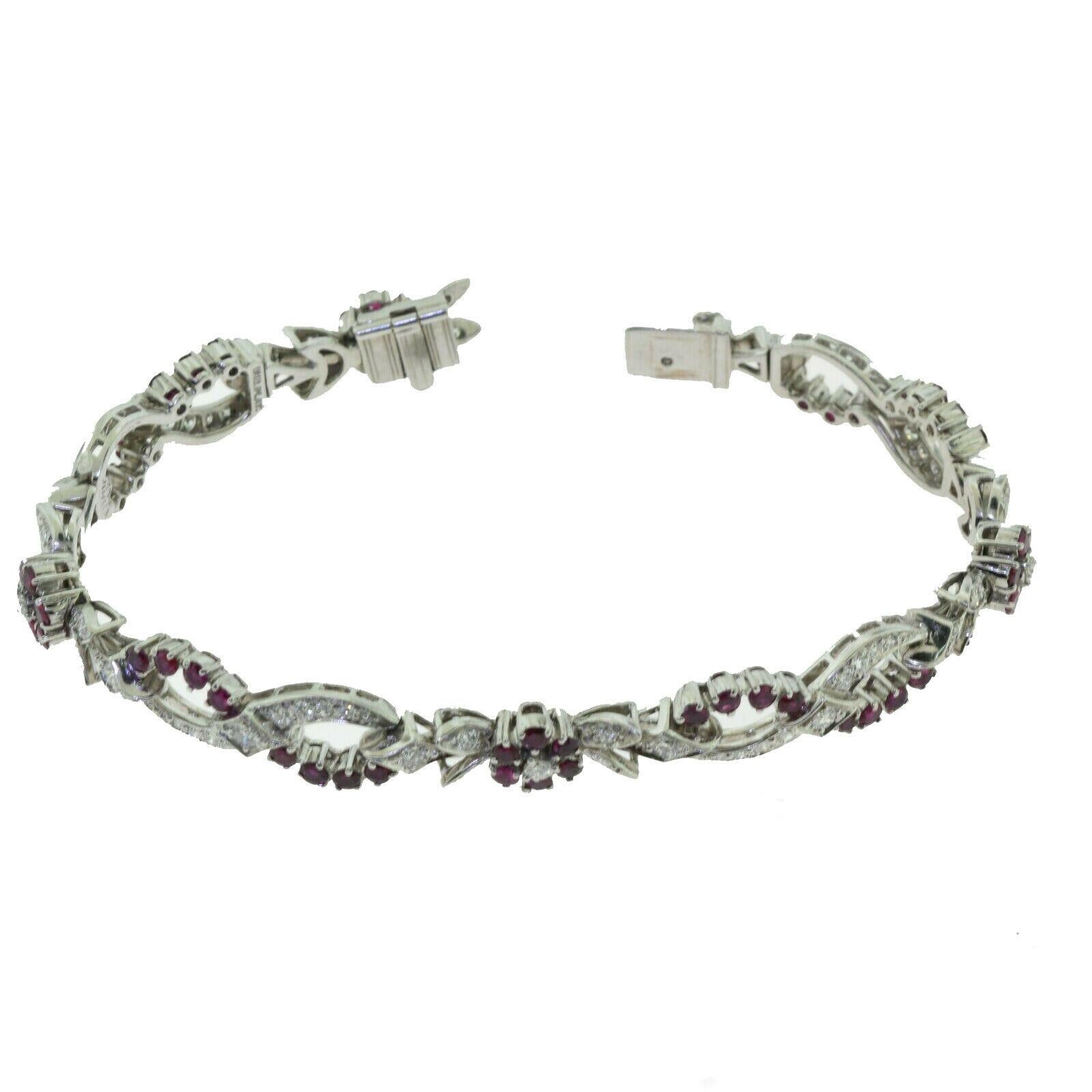 Women's or Men's 1940 Tiffany & Co. Diamond and Ruby Floral Bracelet in Platinum, Vintage