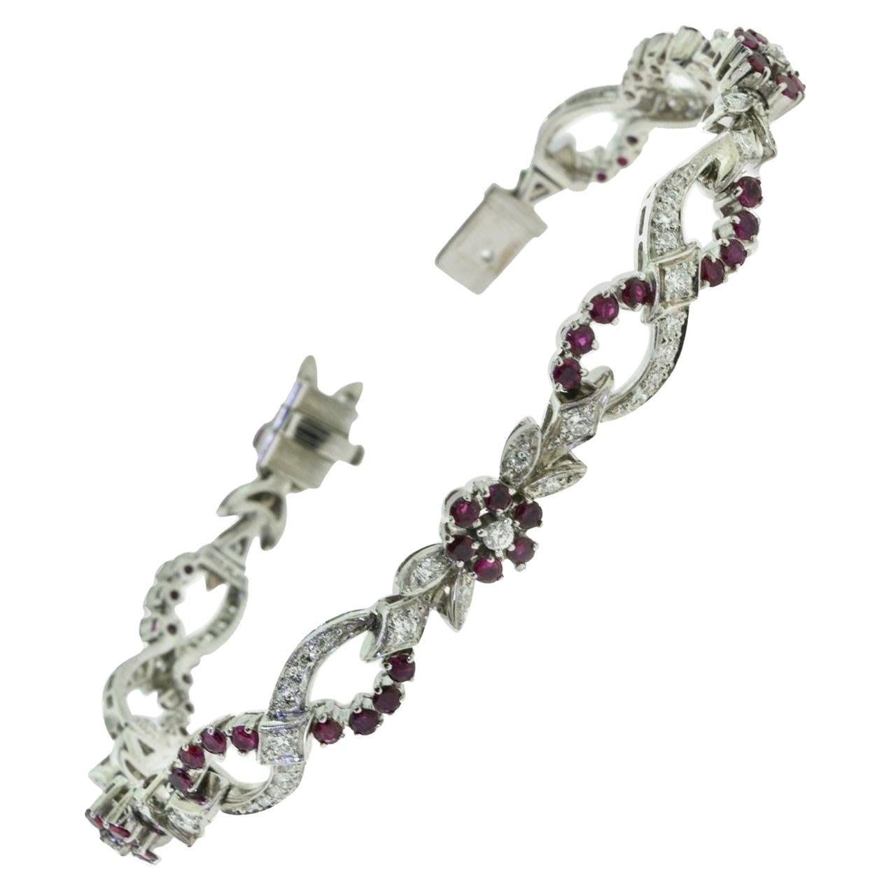 1940 Tiffany & Co. Diamond and Ruby Floral Bracelet in Platinum, Vintage