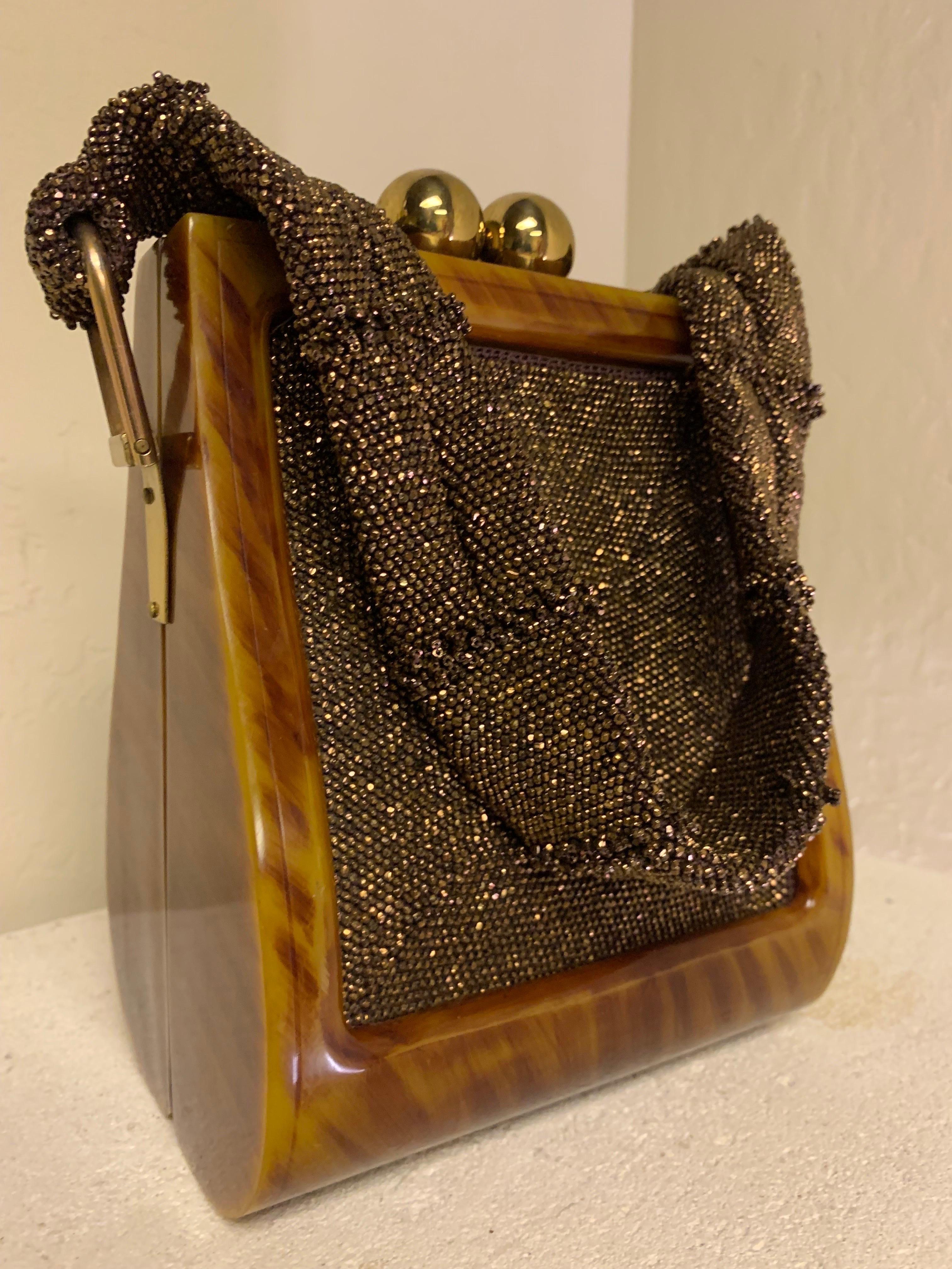 1940 Tortoise-Look Bakelite Handbag w Bronze Glass Beaded Side Panels & Handle 6