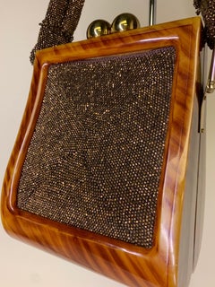 1940 Tortoise-Look Bakelite Handbag w Bronze Glass Beaded Side Panels & Handle