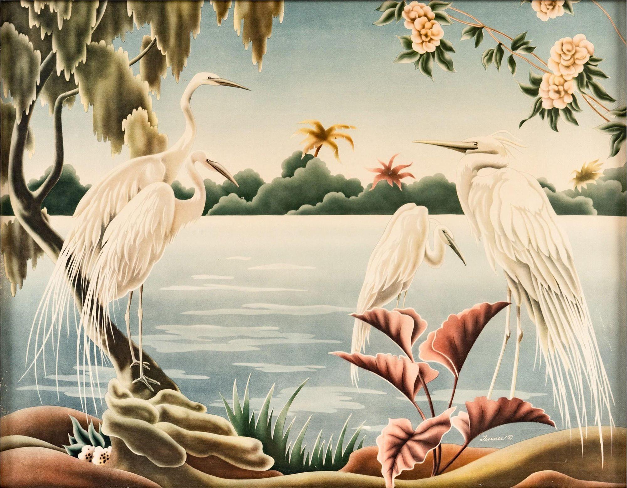 Post-war Turner mirror framed print featuring 4 cranes/egrets in a tropical Hawaiian scenic landscape originally done in airbrushed watercolors by Billy Seay. The artwork captures the grace and poise of the cranes with muted pastel tones and subtle