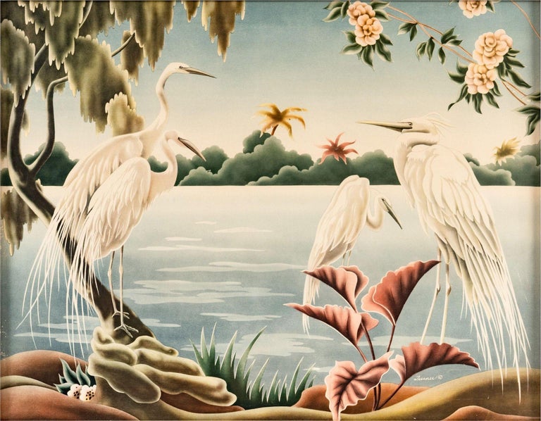 1940 Tropical Crane /Egret Scenic Print, Mirror Framed by Billy