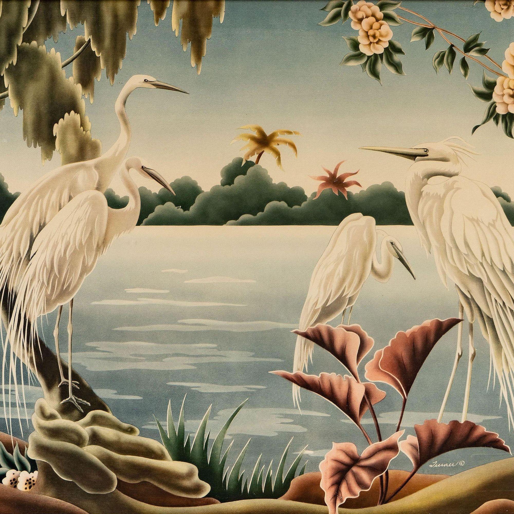 Mid-Century Modern 1940 Tropical Crane /Egret Scenic Print, Mirror Framed by Billy Seay for Turner