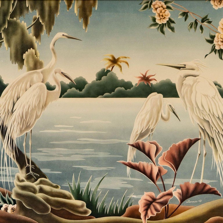 1940 Tropical Crane /Egret Scenic Print, Mirror Framed by Billy