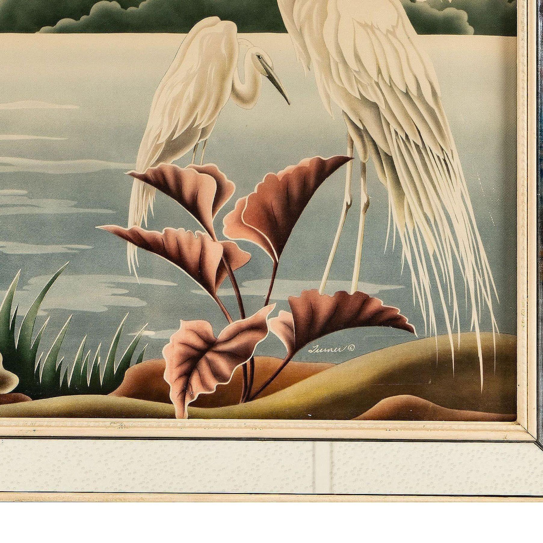 American 1940 Tropical Crane /Egret Scenic Print, Mirror Framed by Billy Seay for Turner