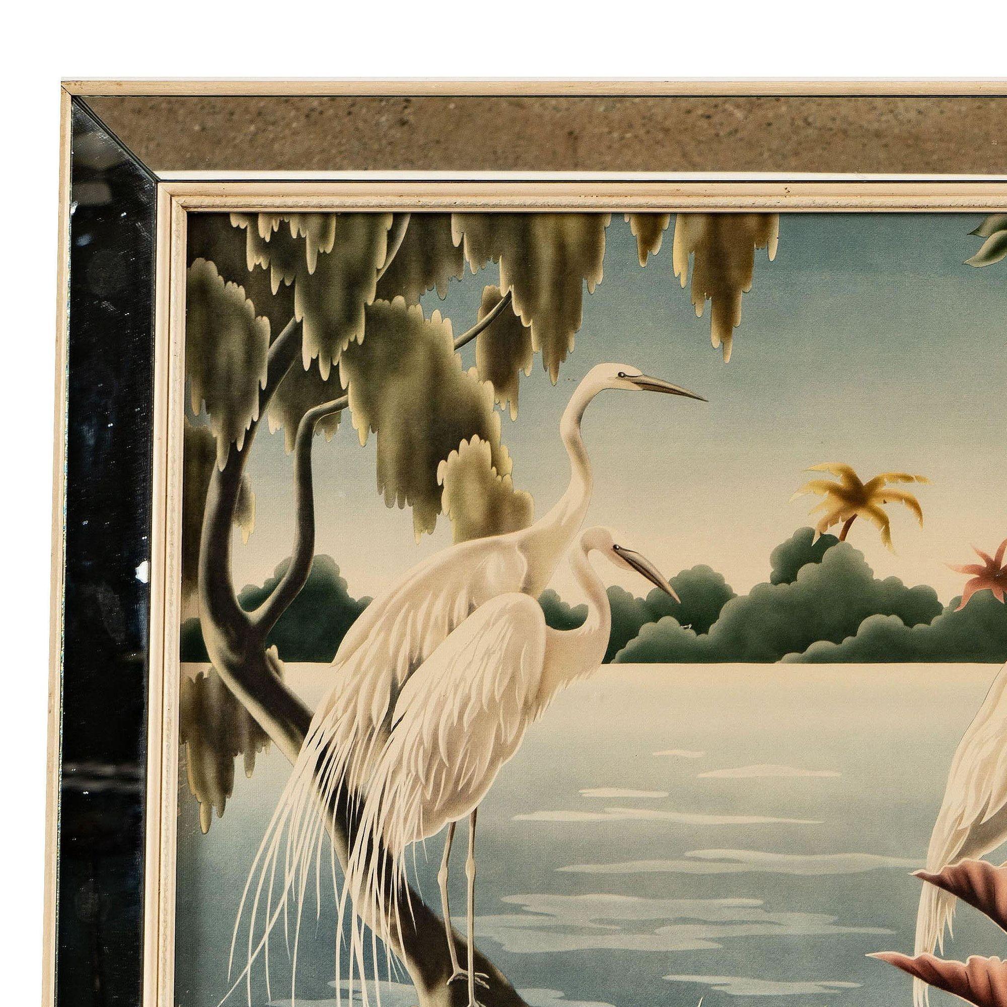 1940 Tropical Crane /Egret Scenic Print, Mirror Framed by Billy Seay for Turner In Good Condition In Van Nuys, CA