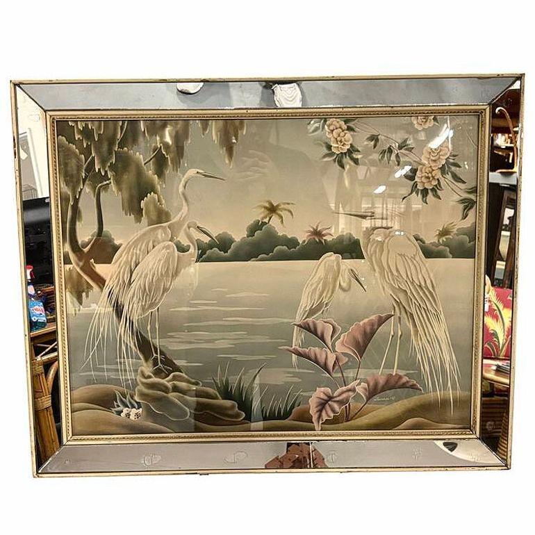 20th Century 1940 Tropical Crane /Egret Scenic Print, Mirror Framed by Billy Seay for Turner