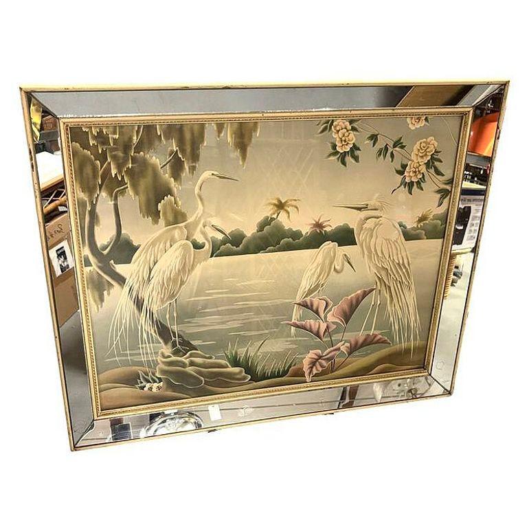 Glass 1940 Tropical Crane /Egret Scenic Print, Mirror Framed by Billy Seay for Turner
