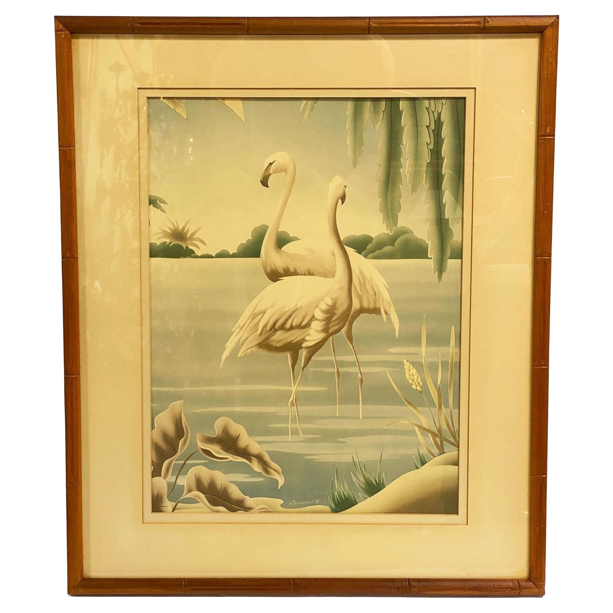 1940 Tropical Flamingo Lovers Scenic Print, by Billy Seay for Turner For Sale