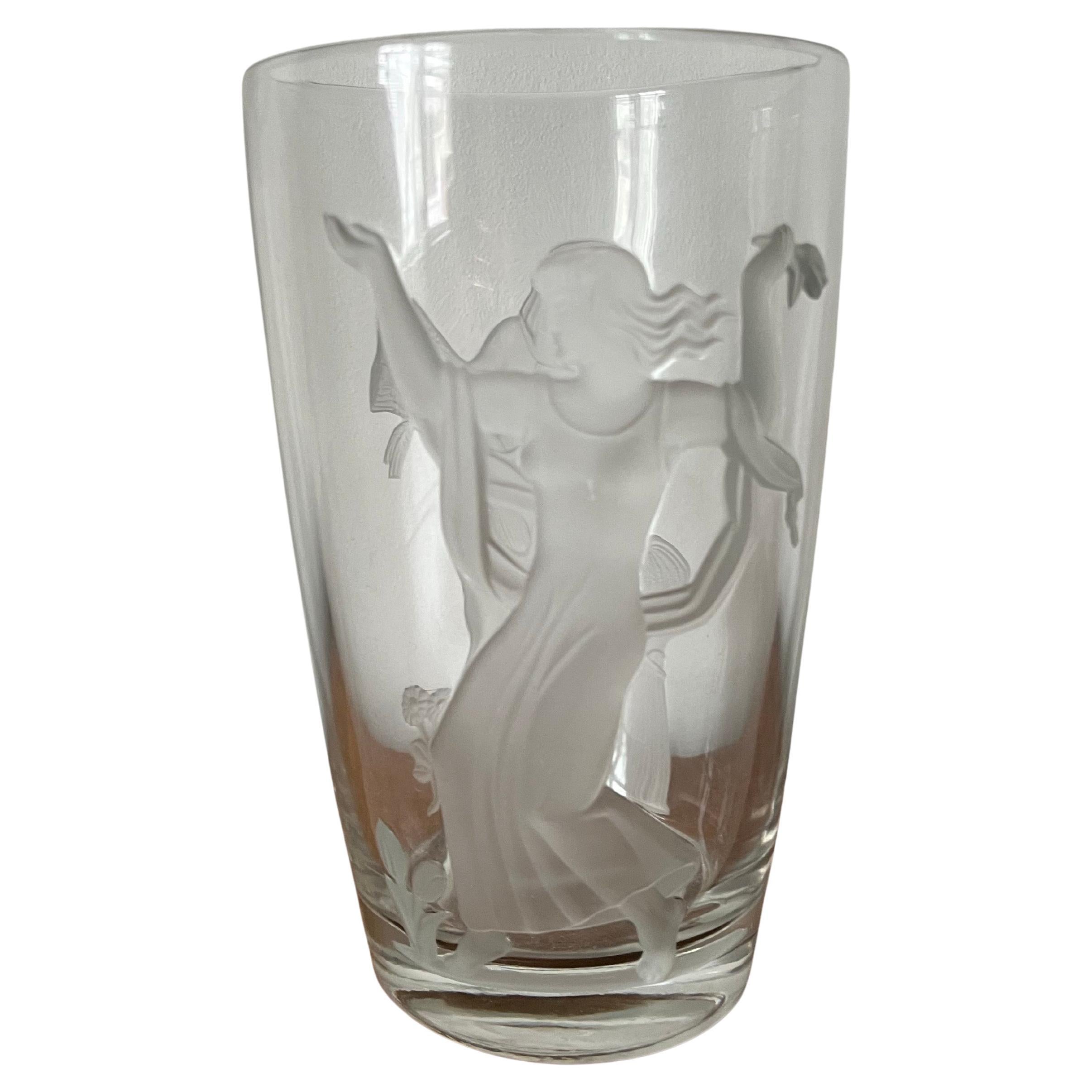 1940 Verlys Raised Seasons Art Deco Frosted Glass Vase Signed Carl Schmitz Verly