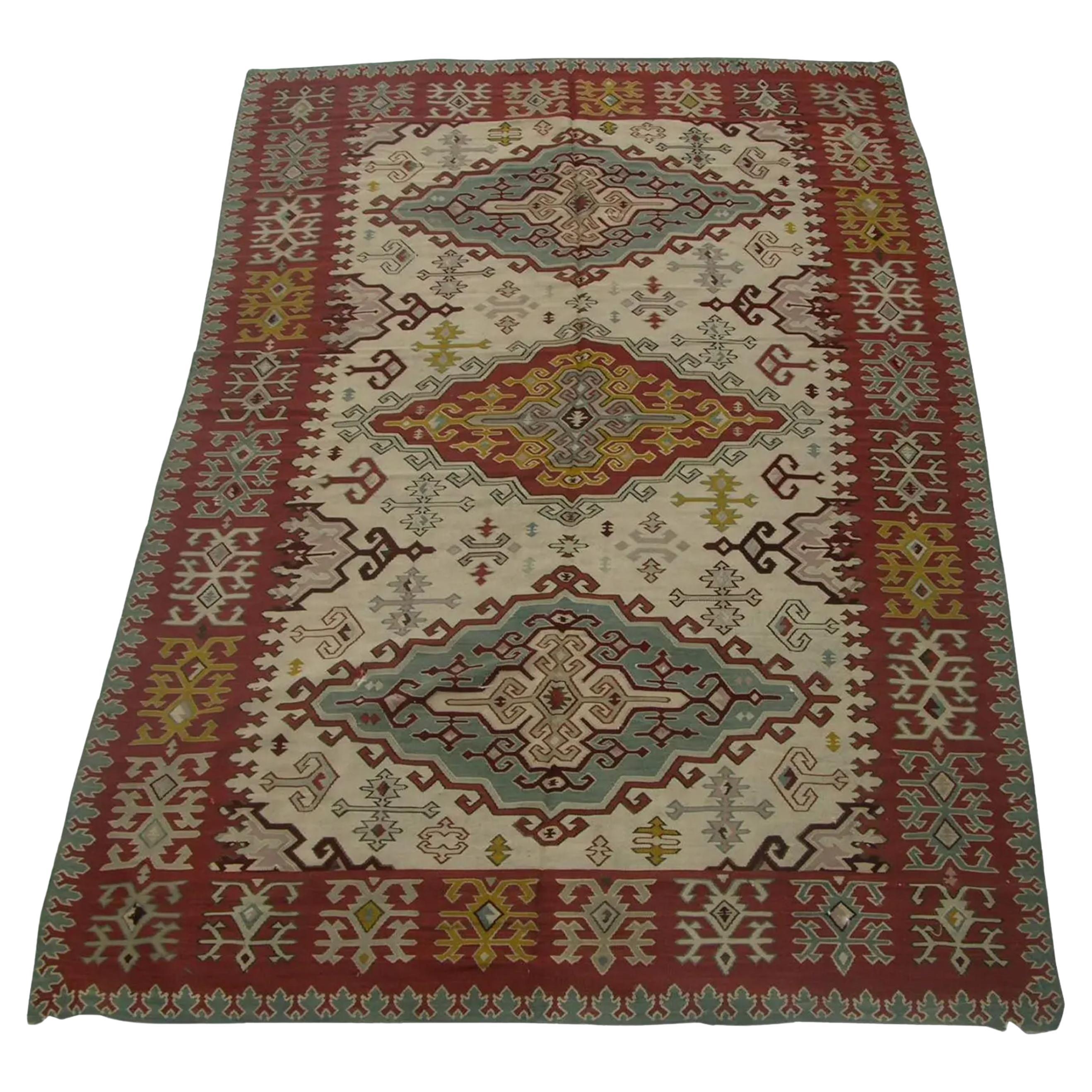 Alfombra de tejido plano geométrico vintage de 1940 en venta