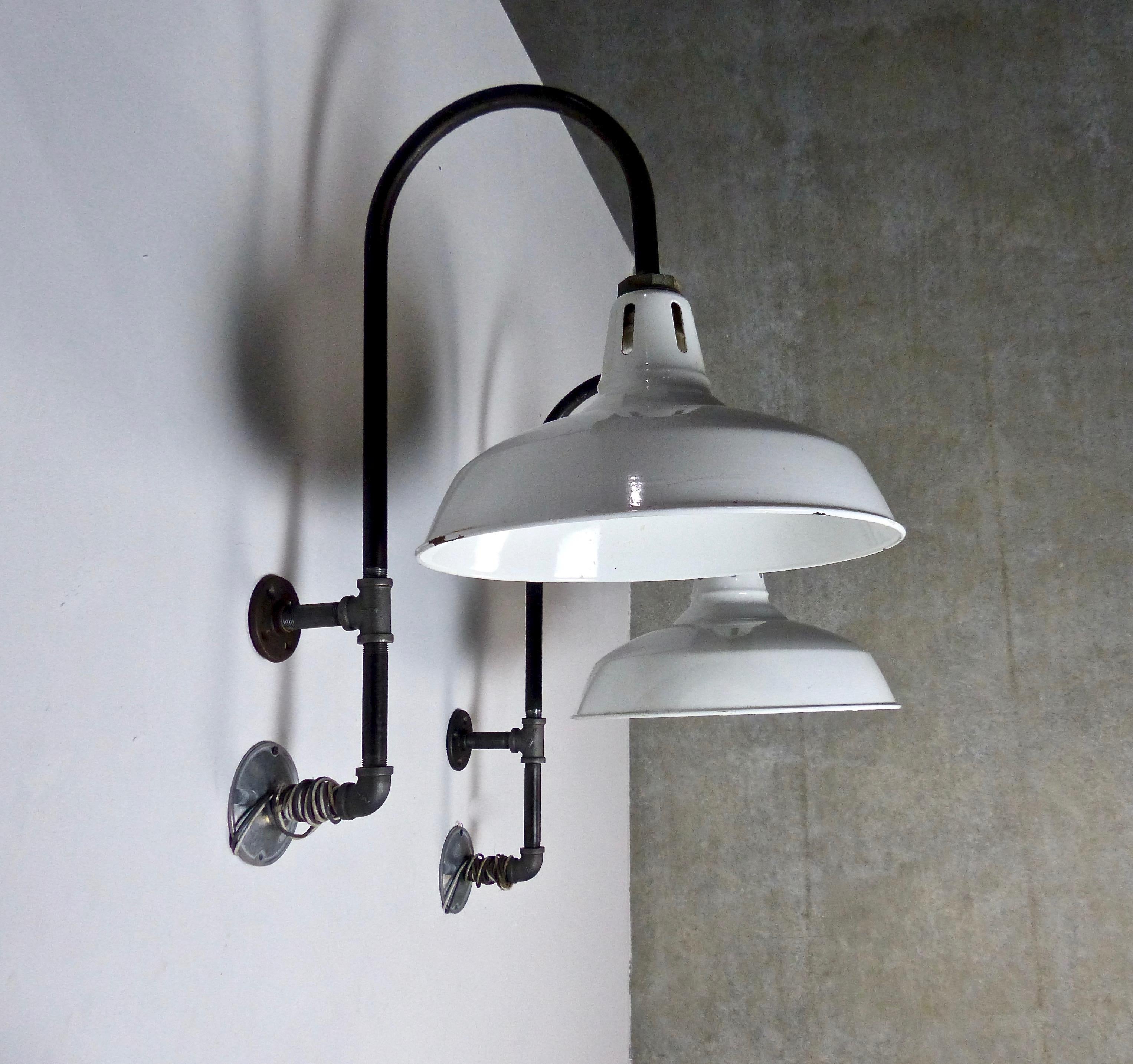 1940 Vintage Industrial Wall Sconces with Enamel Shades In Good Condition In Surrey, BC