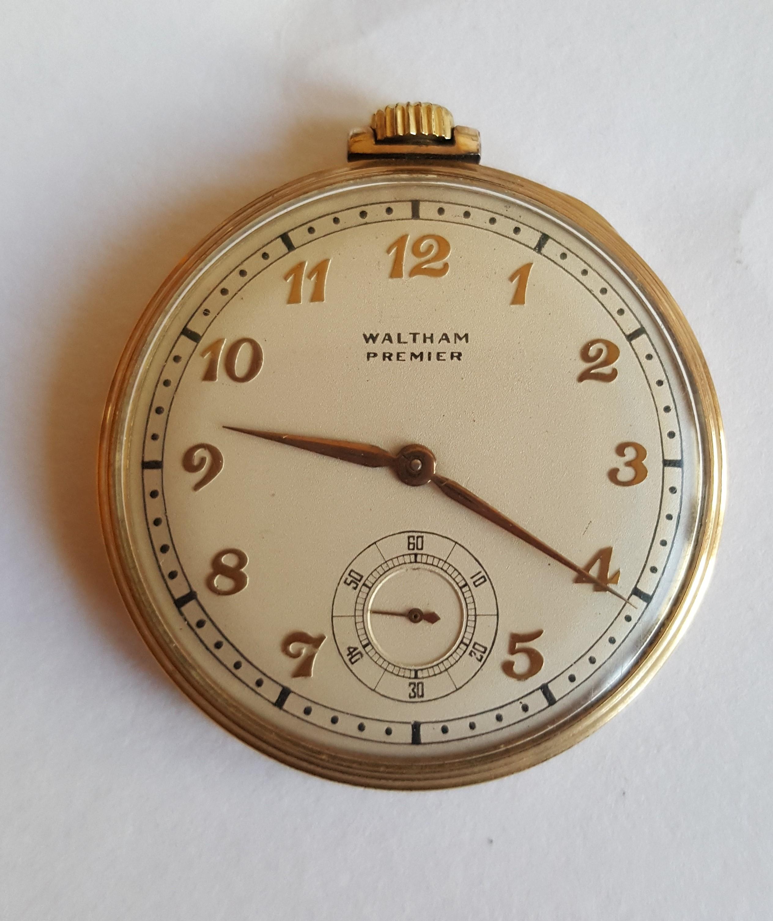 Women's or Men's 1940 Vintage Waltham Premier Pocket Watch, Working, 17 Jewels, 10 Karat