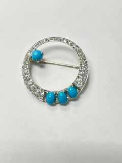 1940 Vintage White Old Cut Diamond And Turquoise Brooch In Platinum.