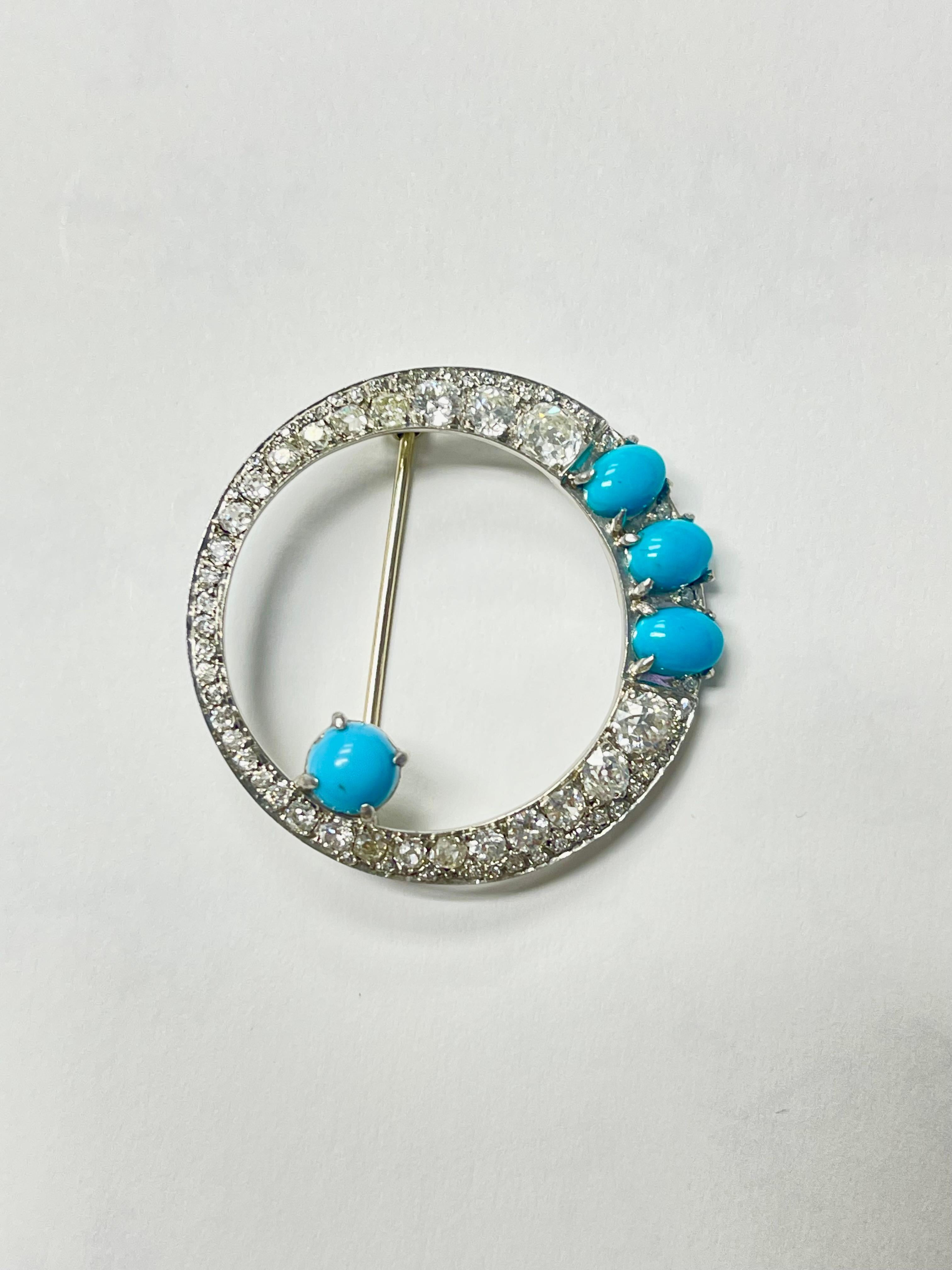 Old Mine Cut 1940 Vintage White Old Cut Diamond And Turquoise Brooch In Platinum.  For Sale
