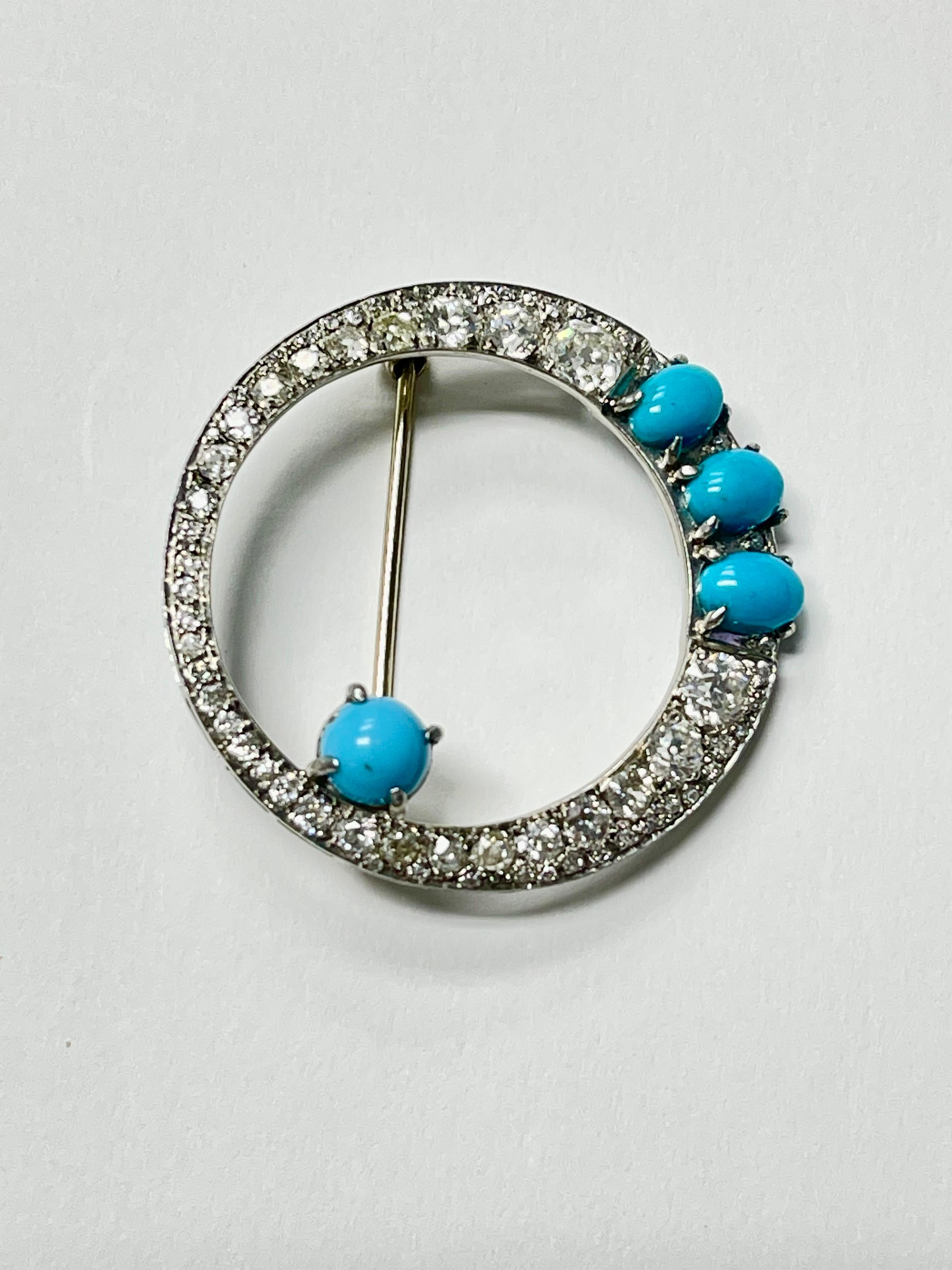 1940 Vintage White Old Cut Diamond And Turquoise Brooch In Platinum.  In Excellent Condition For Sale In New York, NY