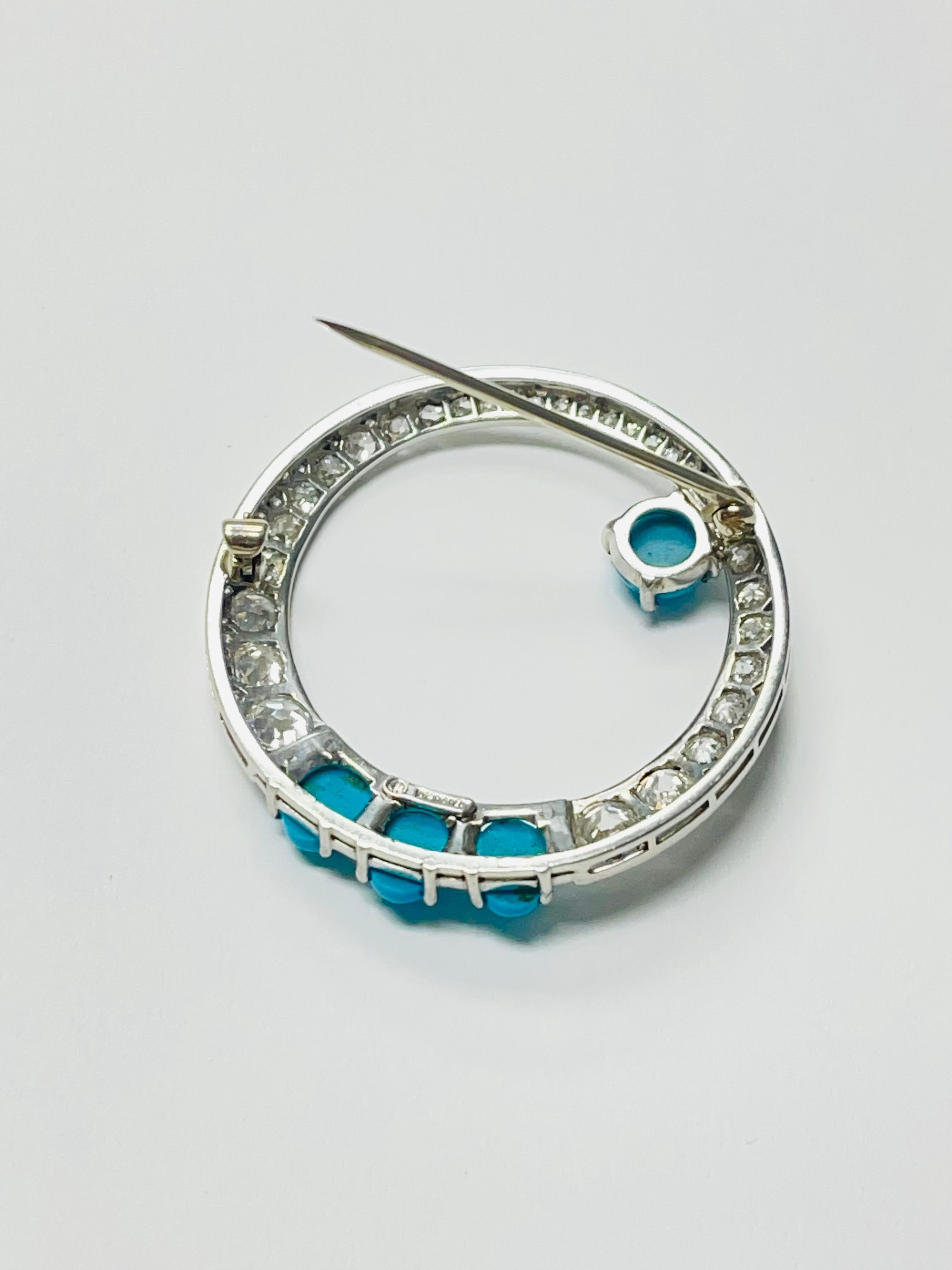 Women's or Men's 1940 Vintage White Old Cut Diamond And Turquoise Brooch In Platinum.  For Sale