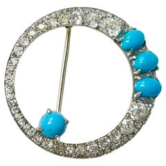 1940 Vintage White Old Cut Diamond And Turquoise Brooch In Platinum. 