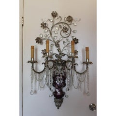 1940 XL French Hollywood Regency Cut Crystal Floral Form Wall Lamp / Sconce 40"