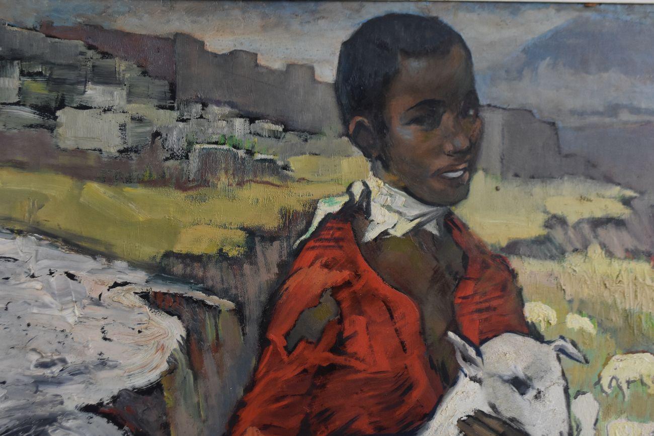 1940 young orientalist shepherdess with her sheep, oil on Masonite in the style of Jacques Majorelle.