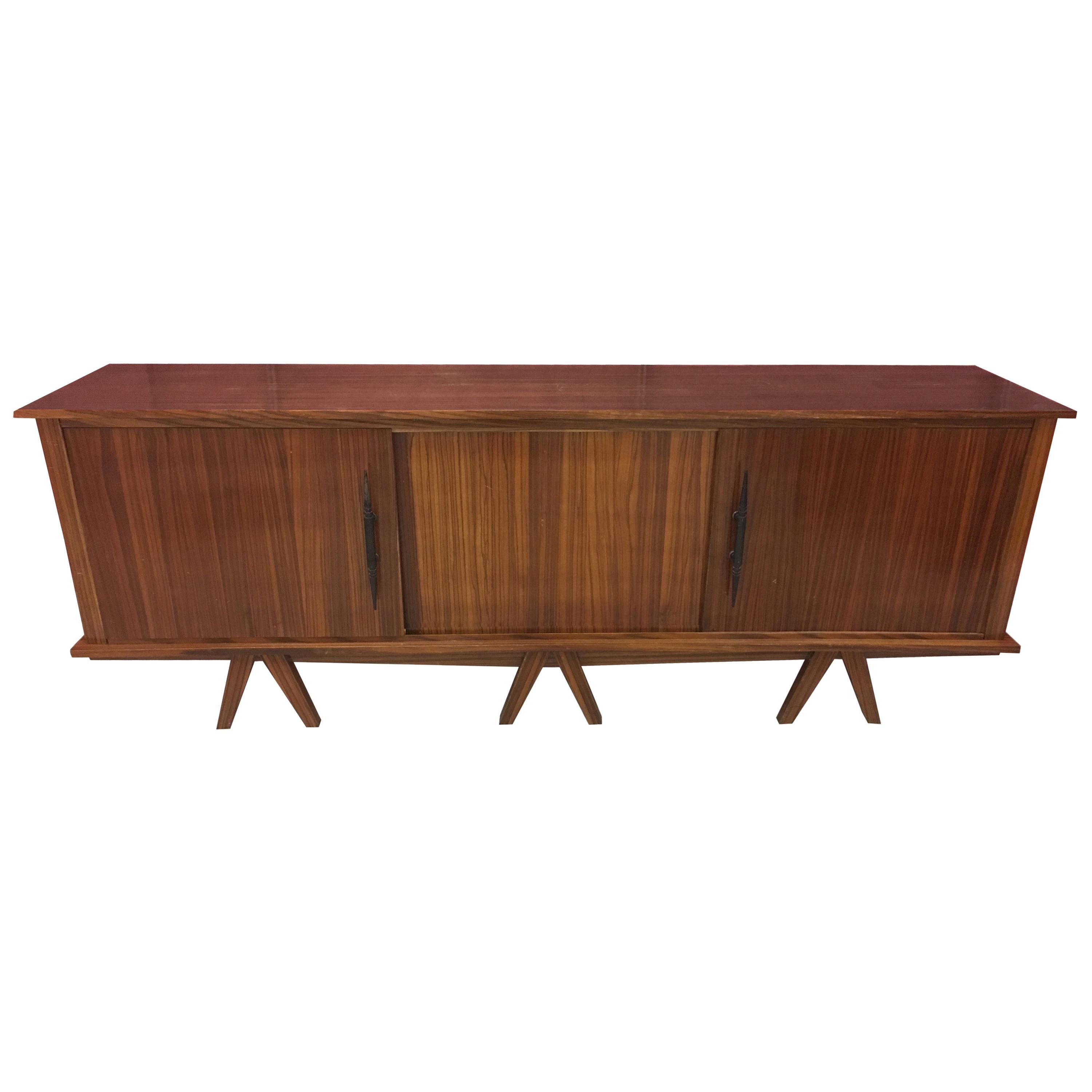 Zebra Wood and wrought iron brutalist Sideboard circa 1950 For Sale
