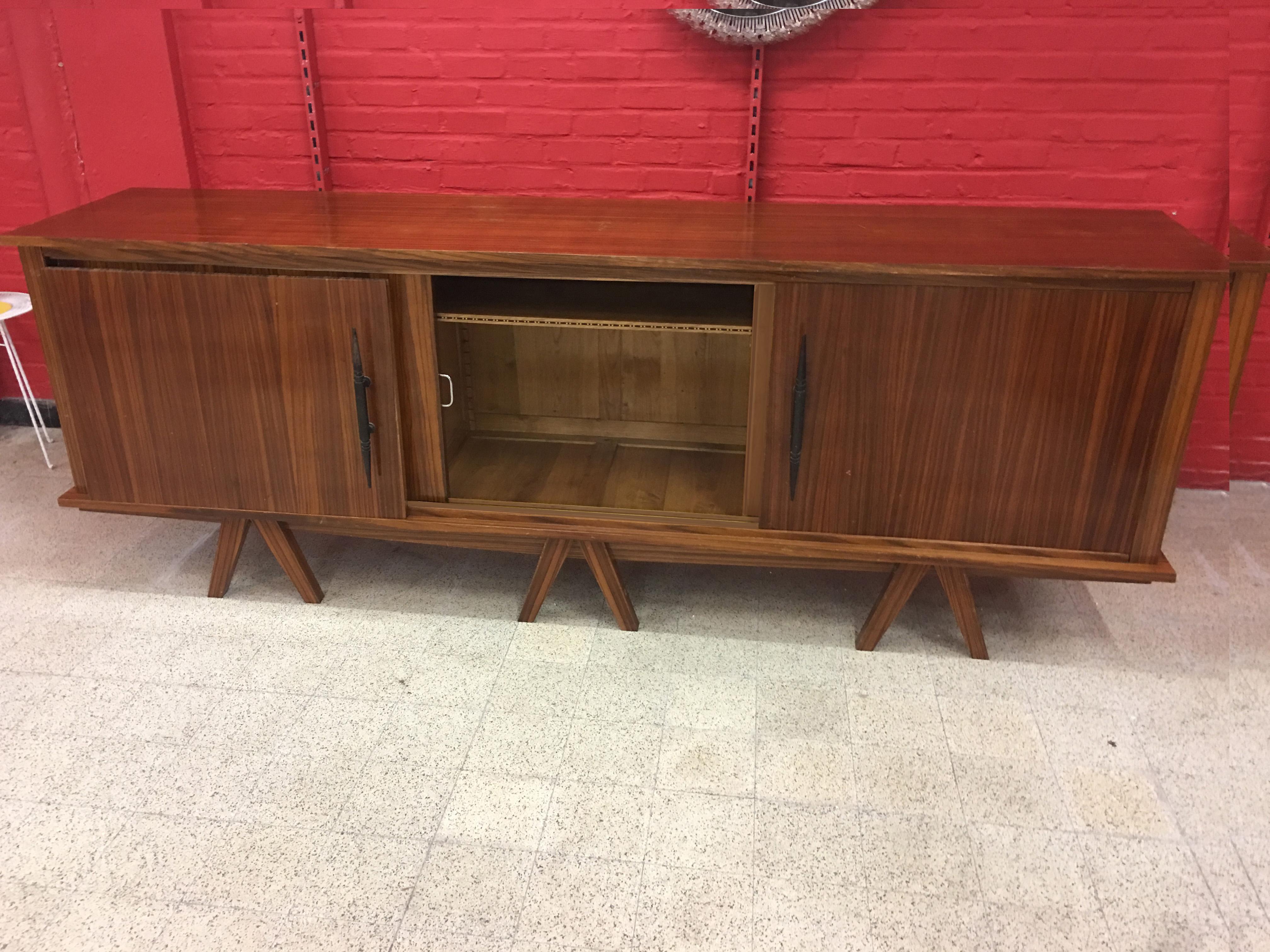  Zebra Wood and wrought iron brutalist Sideboard circa 1950 For Sale 2