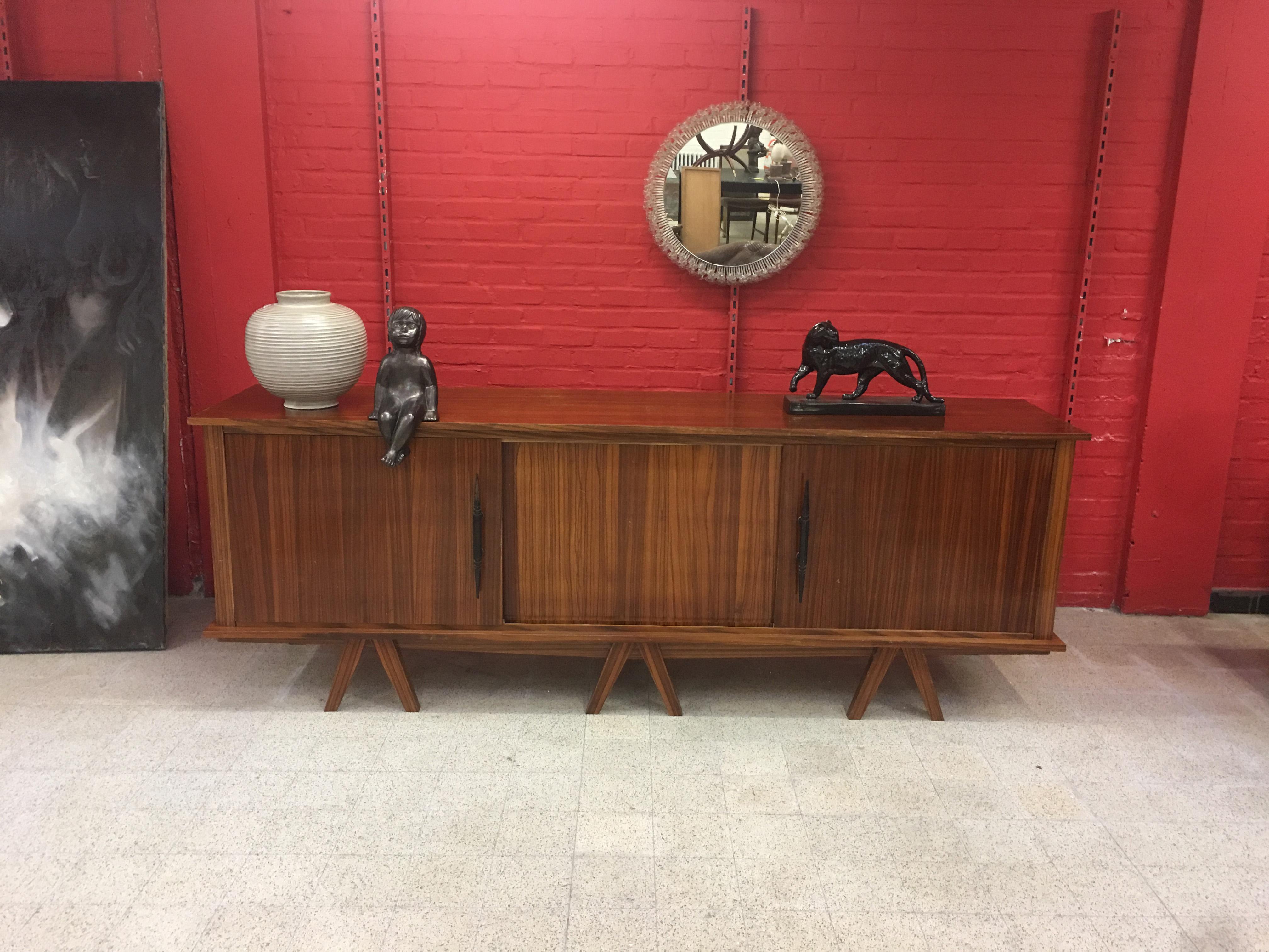  Zebra Wood and wrought iron brutalist Sideboard circa 1950
wrought iron handles.