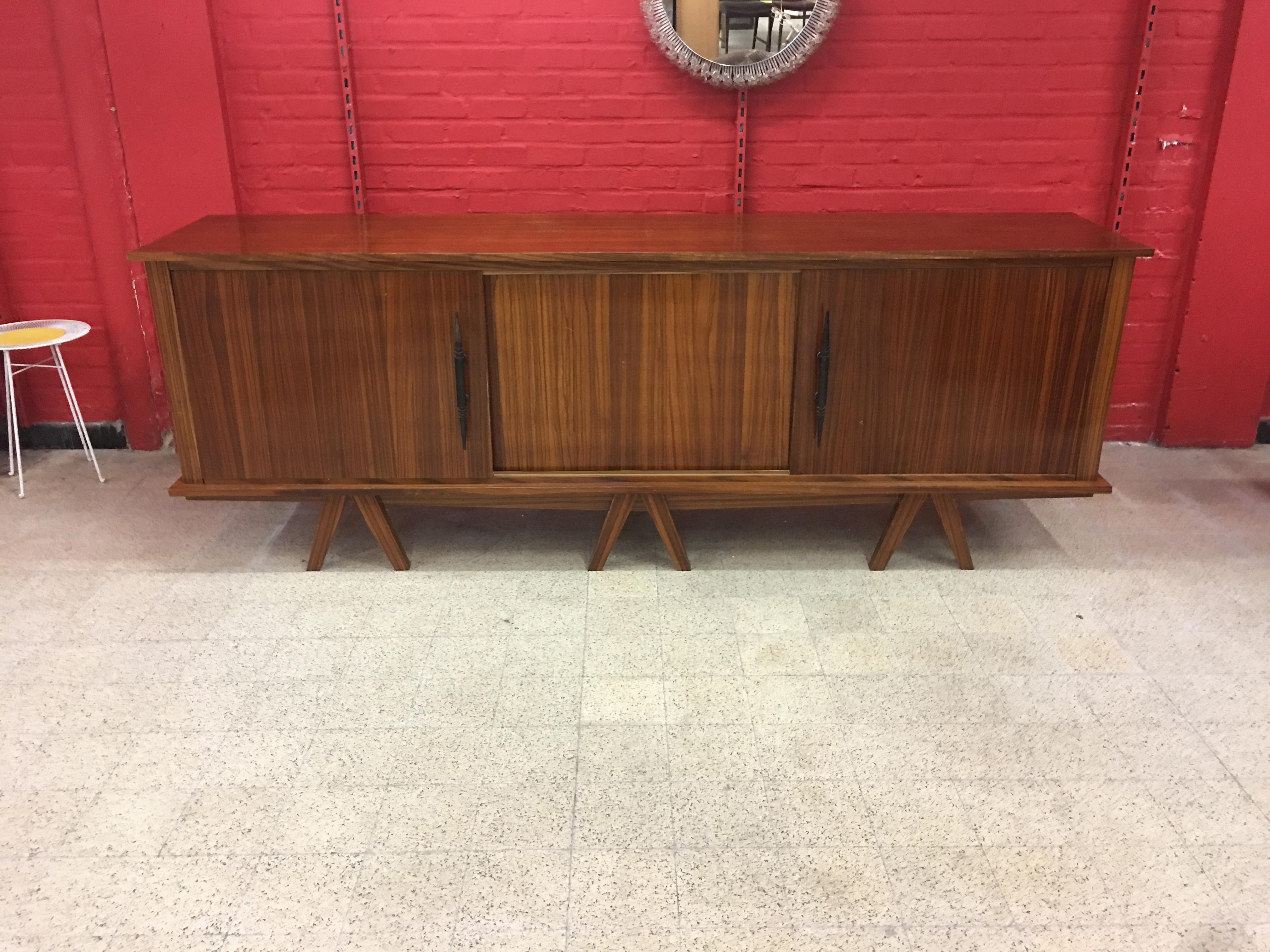 Mid-Century Modern  Zebra Wood and wrought iron brutalist Sideboard circa 1950 For Sale