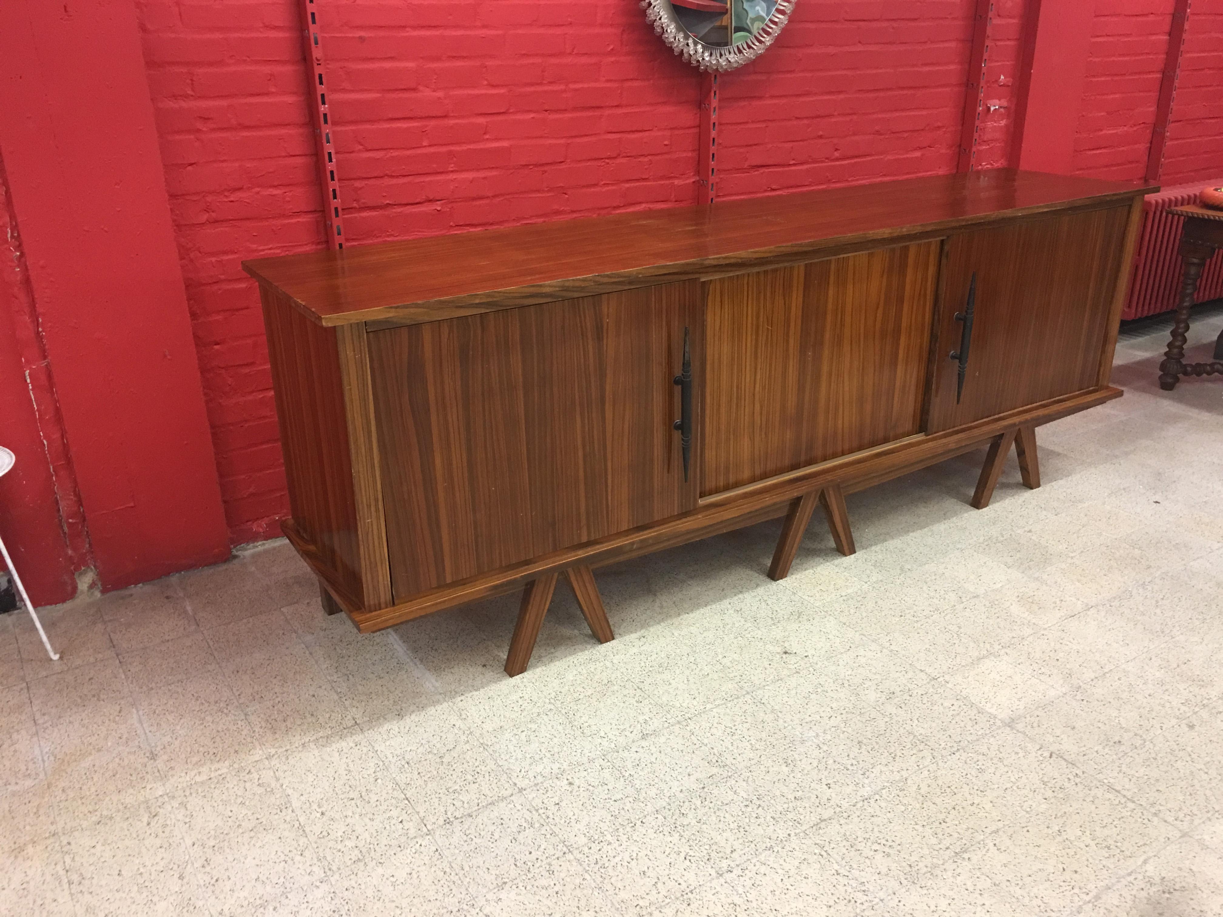  Zebra Wood and wrought iron brutalist Sideboard circa 1950 In Good Condition For Sale In Saint-Ouen, FR