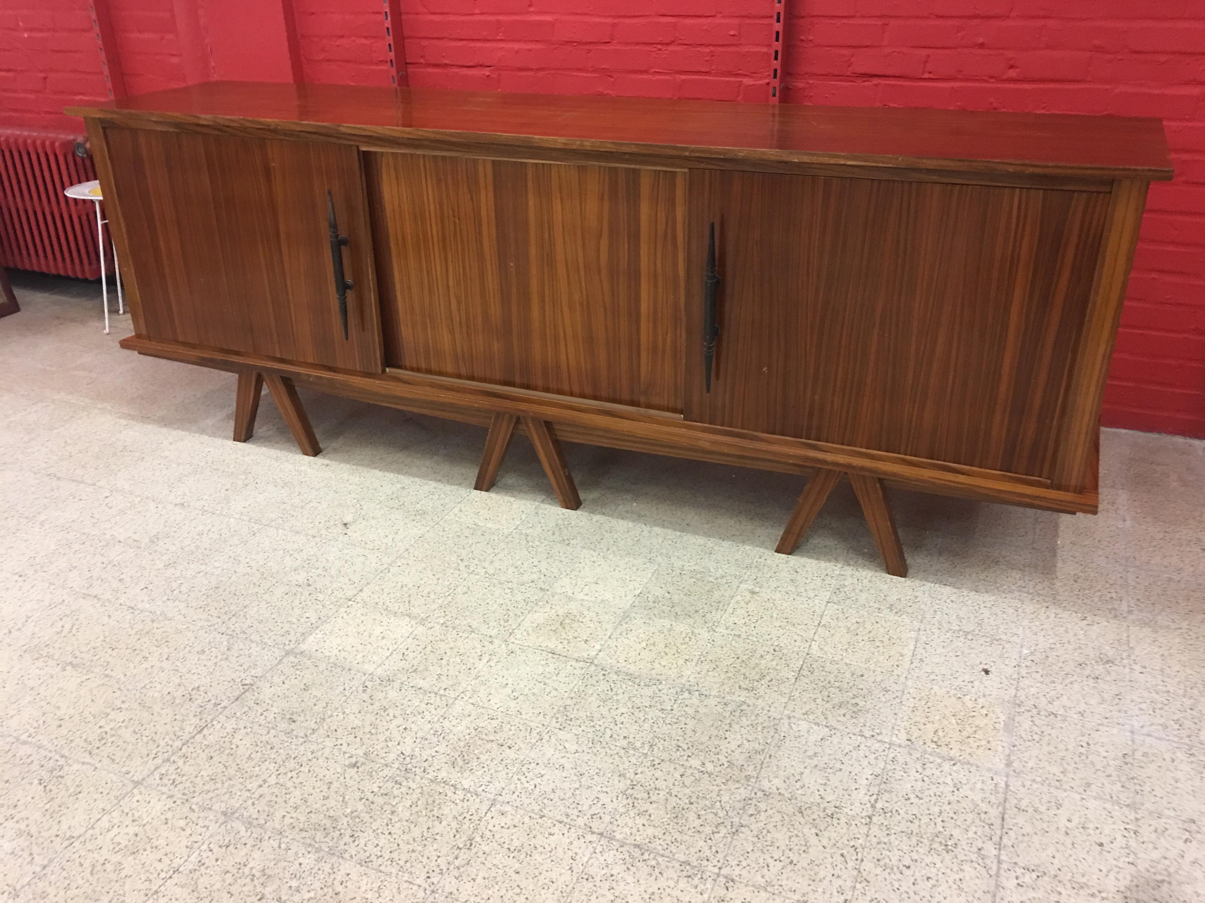 Mid-20th Century Zebra Wood and wrought iron brutalist Sideboard circa 1950 For Sale