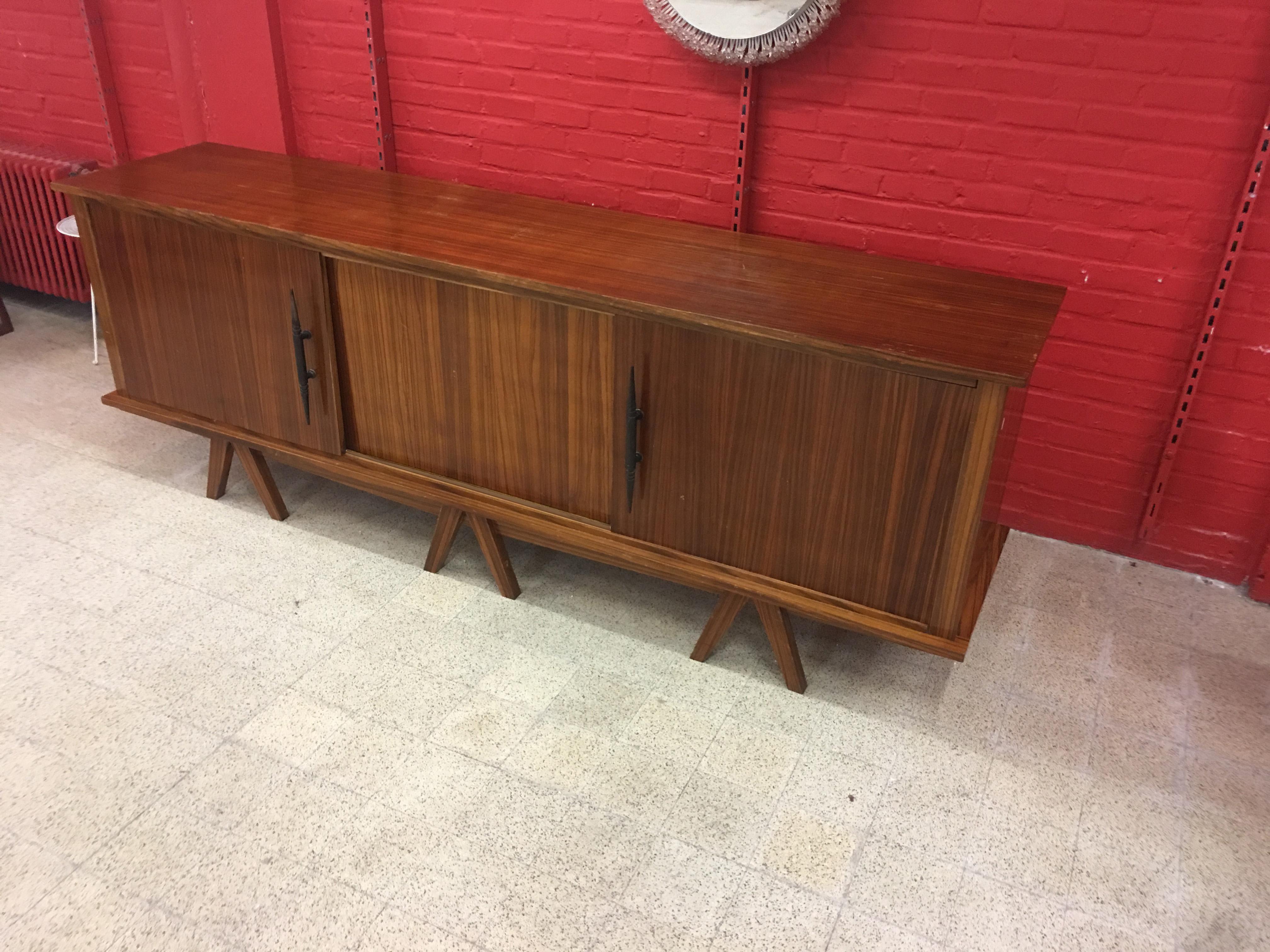  Zebra Wood and wrought iron brutalist Sideboard circa 1950 For Sale 1